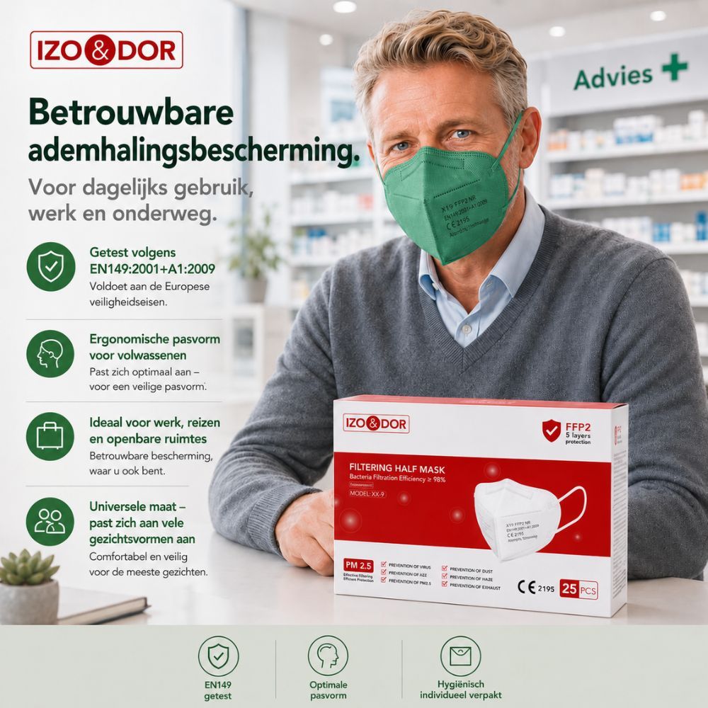 Vrouw draagt groen FFP2-masker. Verpakking ernaast: 5-laagse bescherming, CE-gecertificeerd, individueel verpakt.