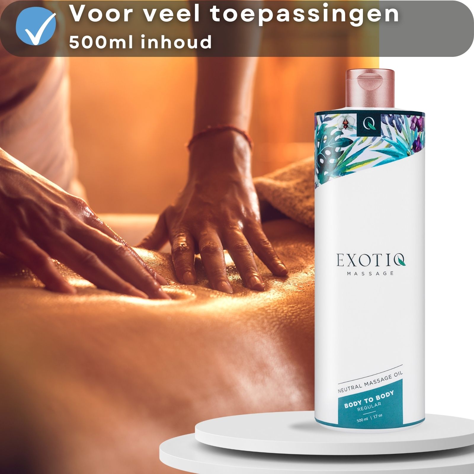Massage. Fles met tekst: EXOTIQ MASSAGE, BODY TO BODY REGULAR. Op wit voetstuk.