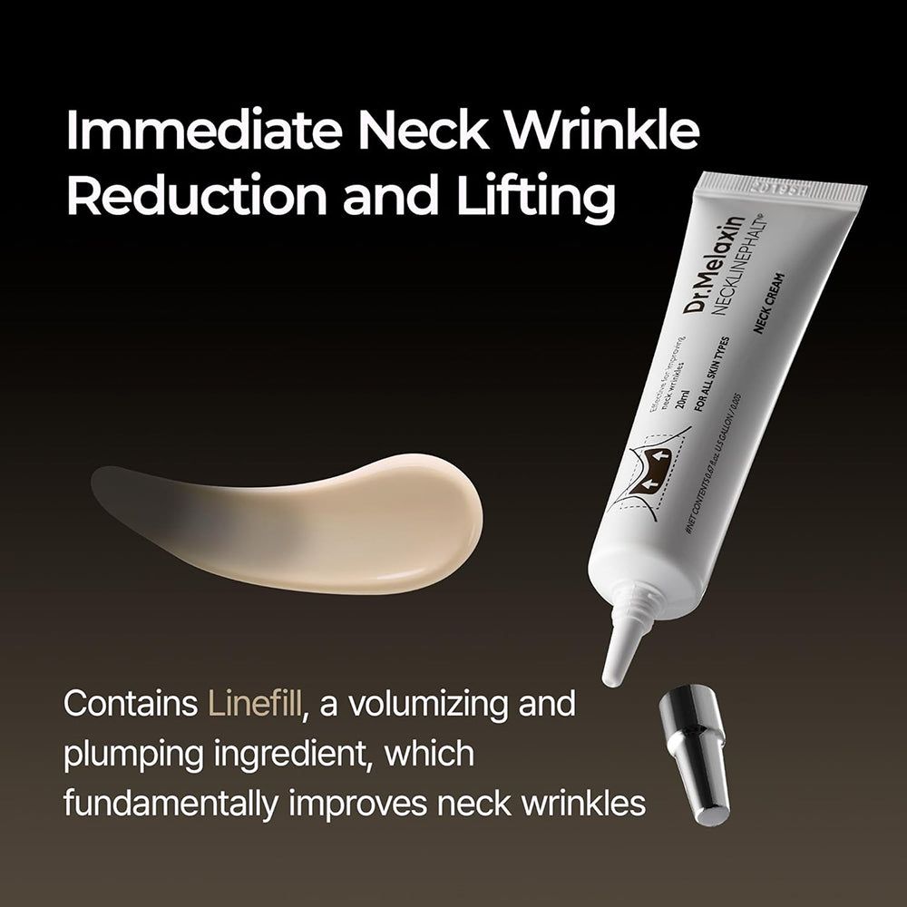 Crème pour le cou Dr. Melaxin Necklinephalt, avec crème appliquée et capuchon retiré.