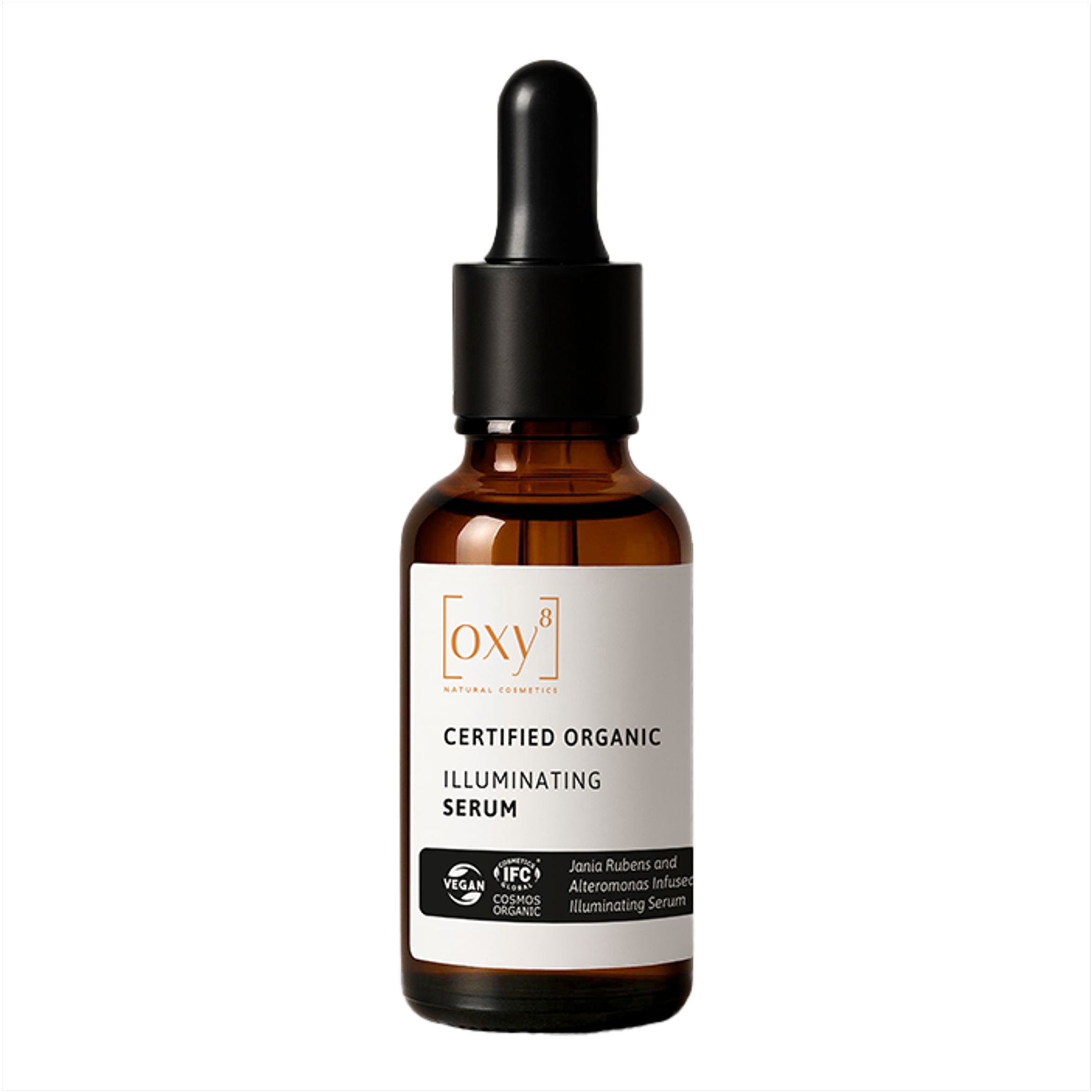 Bruine glazen fles met pipet. Opschrift: CERTIFIED ORGANIC ILLUMINATING SERUM. Vegan- en Cosmos Organic-zegels.
