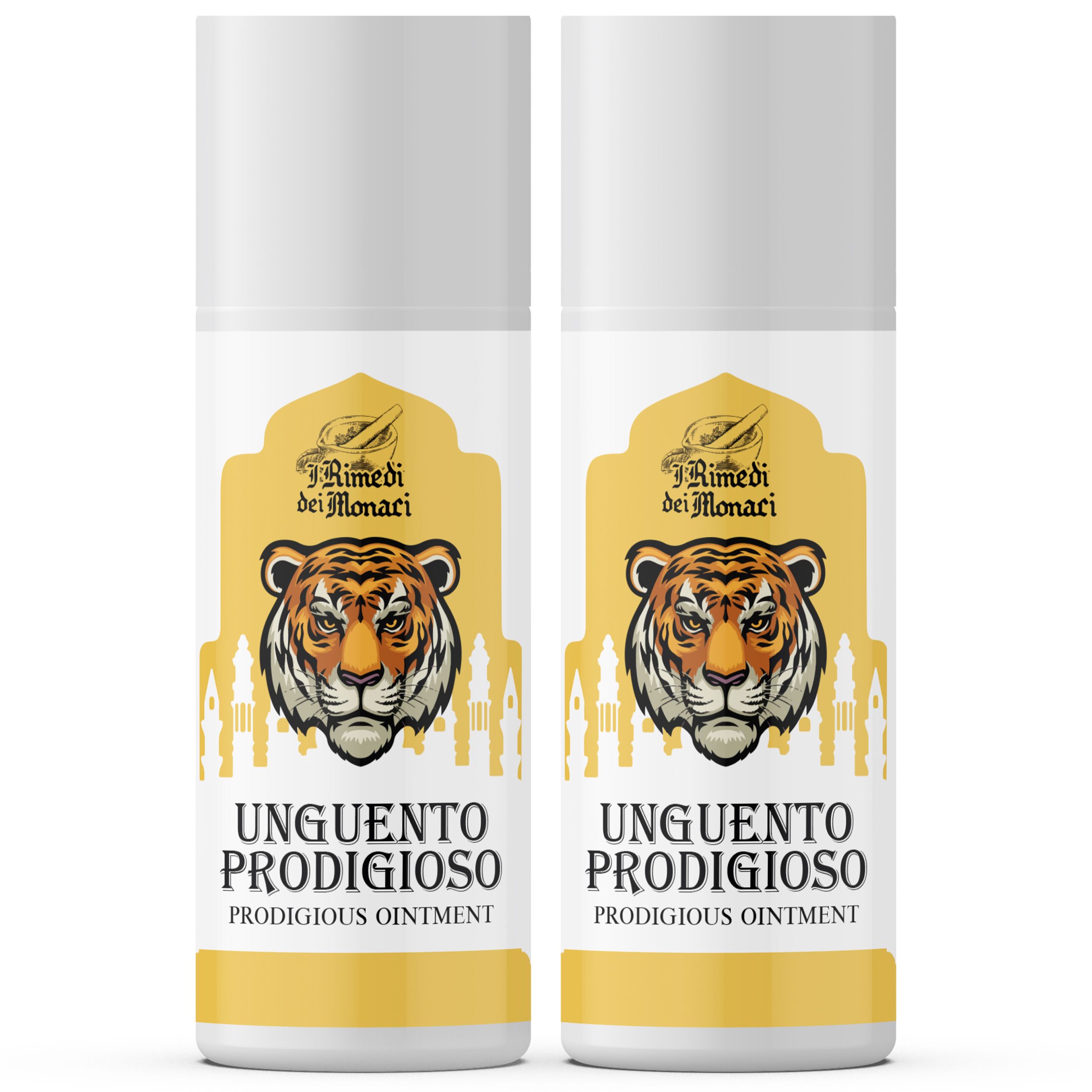 Twee witte flessen met gele etiketten. Op de etiketten een tijgerkop, de tekst « Unguento Prodigioso » en de merknaam.
