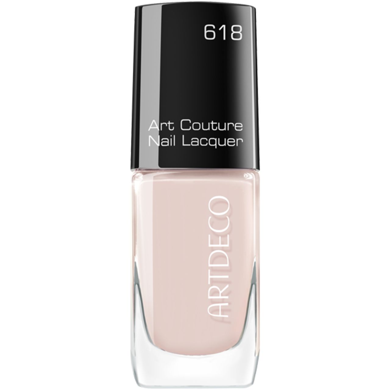 Nagellakfles, lichtroze. Zwarte dop met opschrift 618. Art Couture Nail Lacquer en Artdeco-logo.