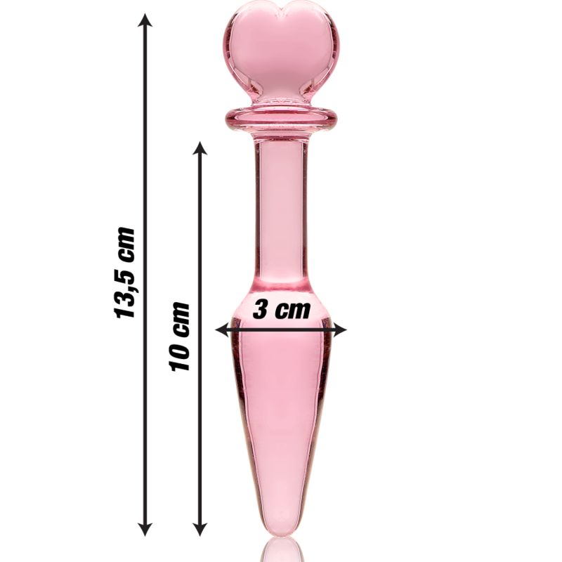 Roze glazen anale plug: 13,5cm lang, 3cm breed aan de basis.