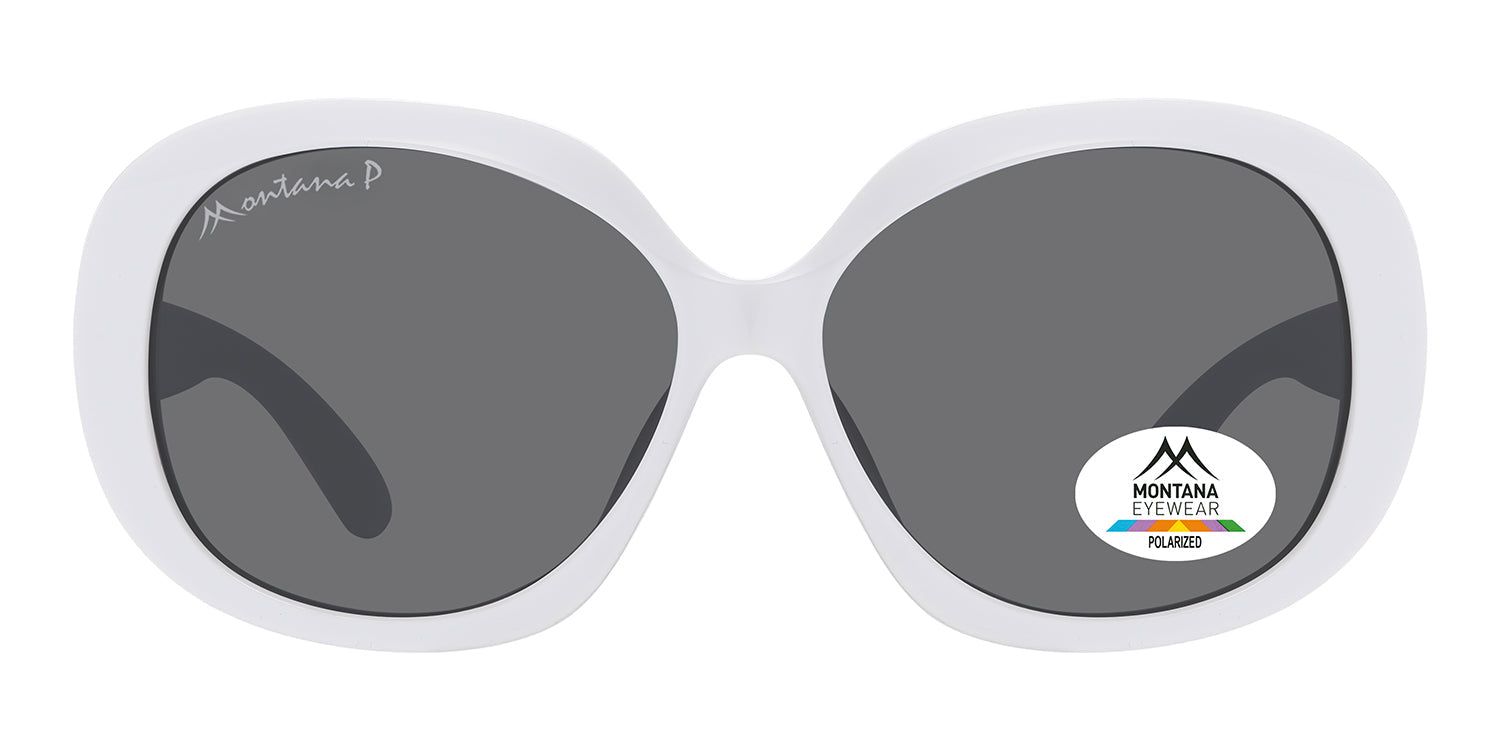 Lunettes de soleil blanches avec verres gris. Un autocollant avec le logo Montana Eyewear et l'inscription 'Polarized' est visible sur le verre.