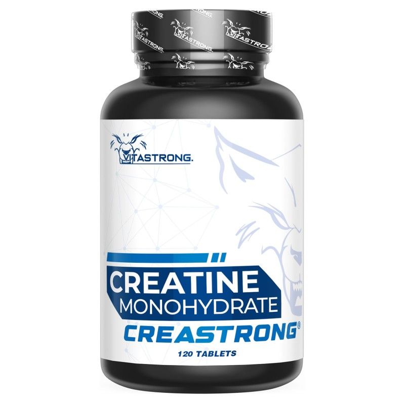 Flacon noir avec étiquette blanche. Texte: Creatine Monohydrate Creastrong, 120 comprimés.