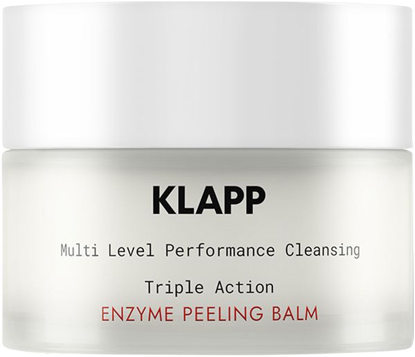 Klapp Multi Level Performance Cleansing Enzyme Peeling Balm. Witte pot met productnaam en beschrijving. Deksel.