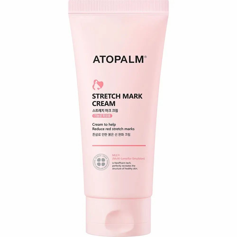 Roze tube met ATOPALM-logo en "STRETCH MARK CREAM". Tekst in het Engels en Koreaans. Certificeringslogo.