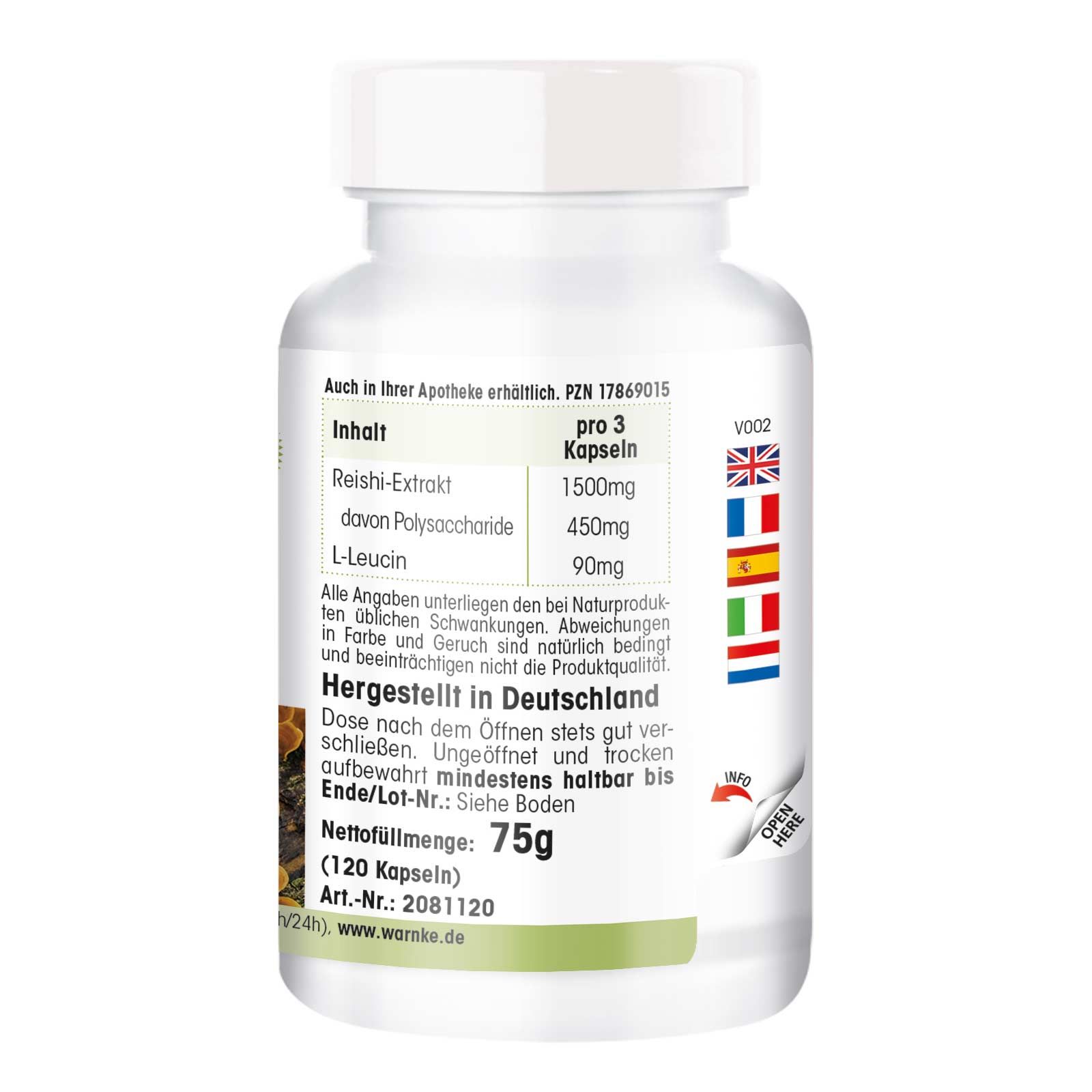 Dos du flacon blanc de Reishi-Extrakt. Texte: Contenu, fabriqué en Allemagne, poids net 75g, 120 gélules.