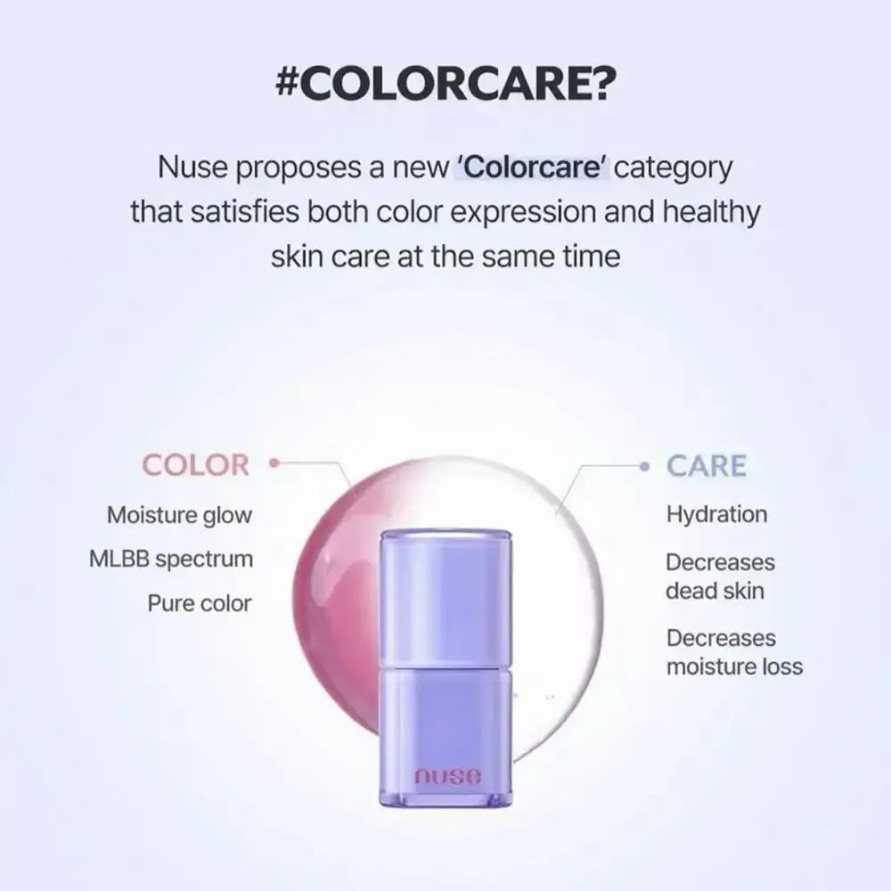 Infographic die de voordelen van "Colorcare" benadrukt. Een paarse lipgloss is afgebeeld.