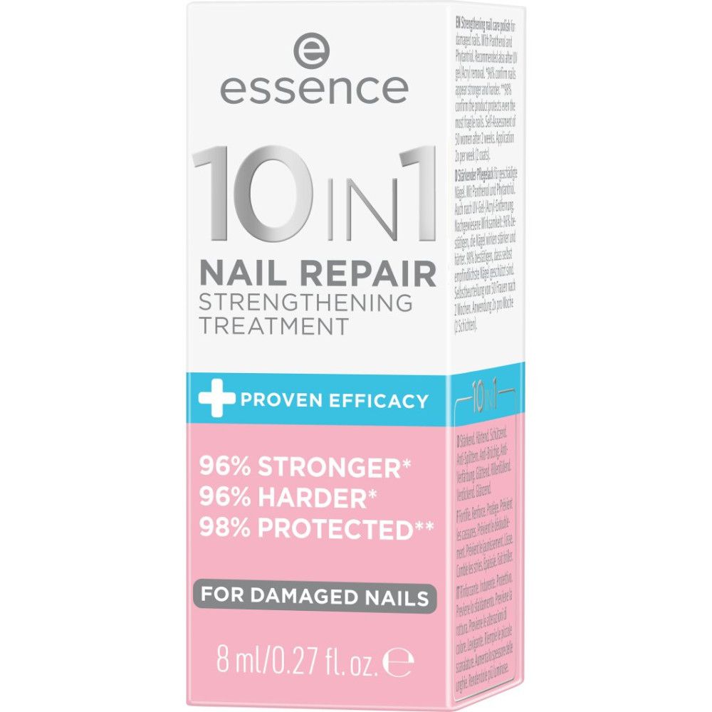 Emballage du traitement réparateur pour ongles. Boîte blanche avec nom et détails du produit. Contient des informations sur la force et la protection.