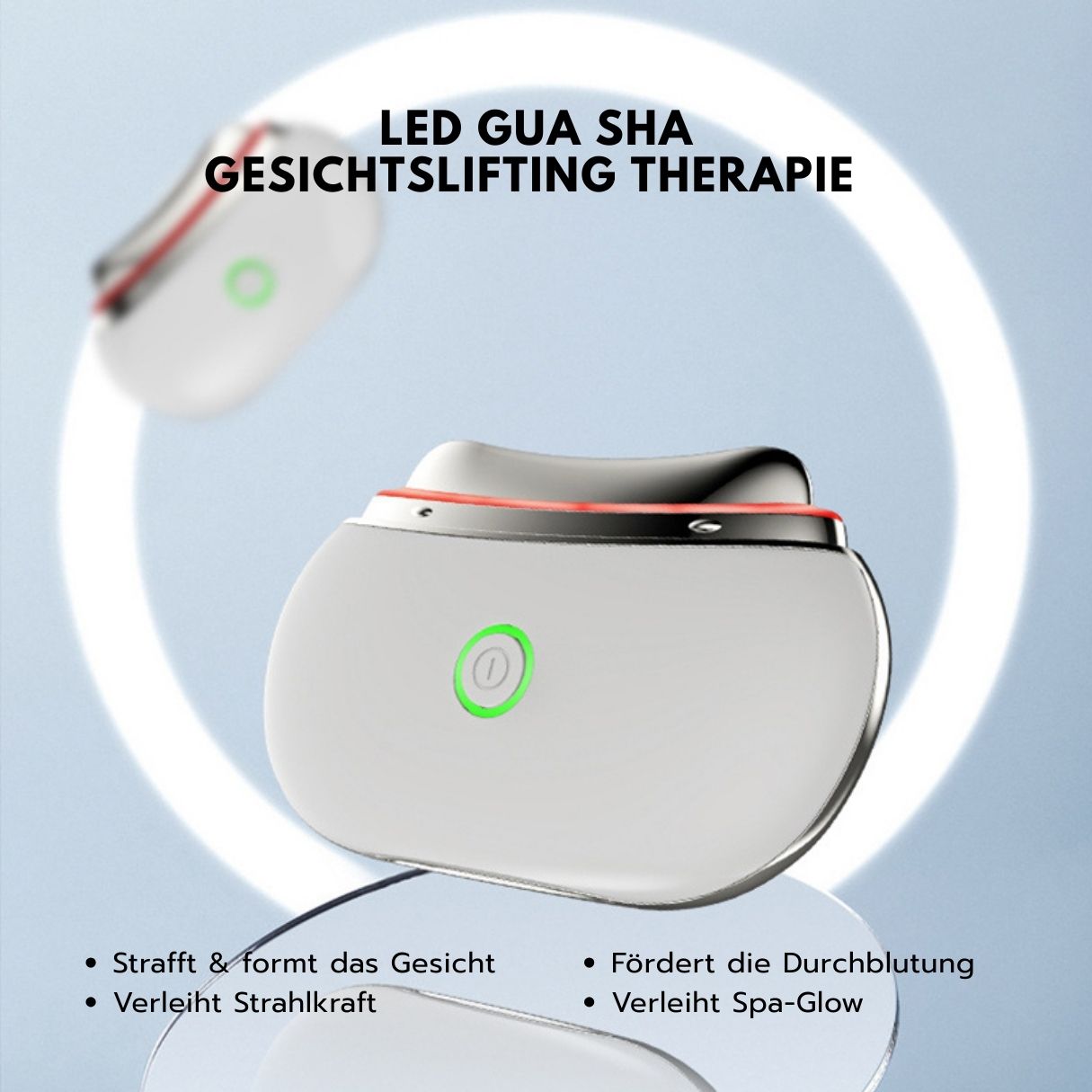 Wit LED Gua Sha Lifting apparaat met tekst: 'LED GUA SHA FACE LIFTING THERAPY'.