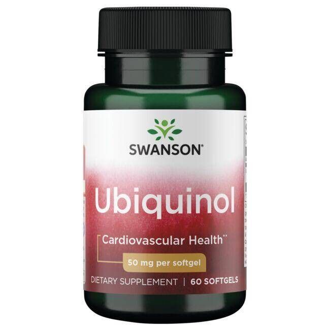 Complément alimentaire Ubiquinol SWANSON. Flacon vert avec bouchon noir. Inscription : 50 mg par gélule. Pour la santé cardiovasculaire.