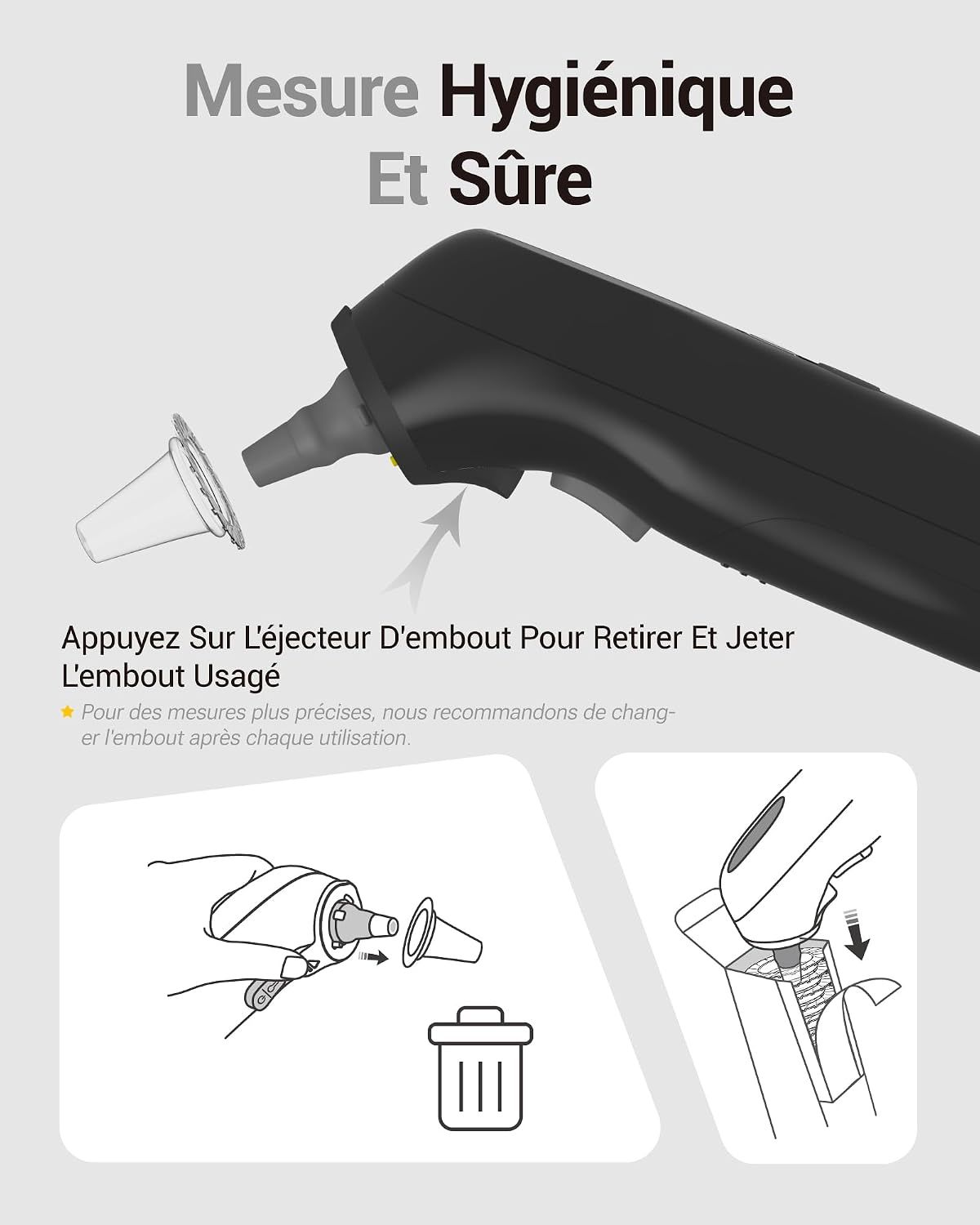Thermomètre auriculaire numérique noir avec embout détachable et instructions de mise au rebut.