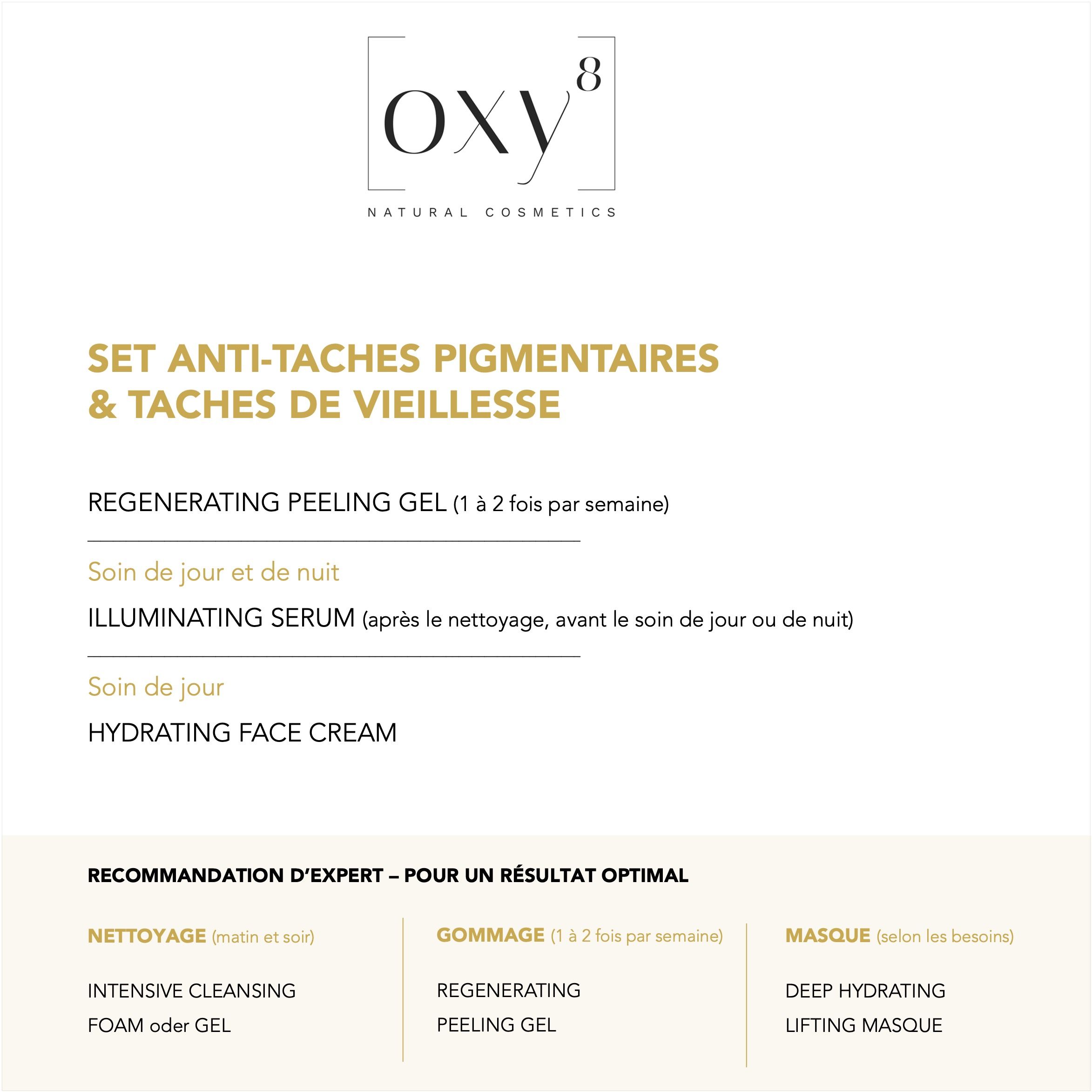 Aperçu produits OXY8 Naturkosmetik Français : Gel peeling, sérum, crème visage.