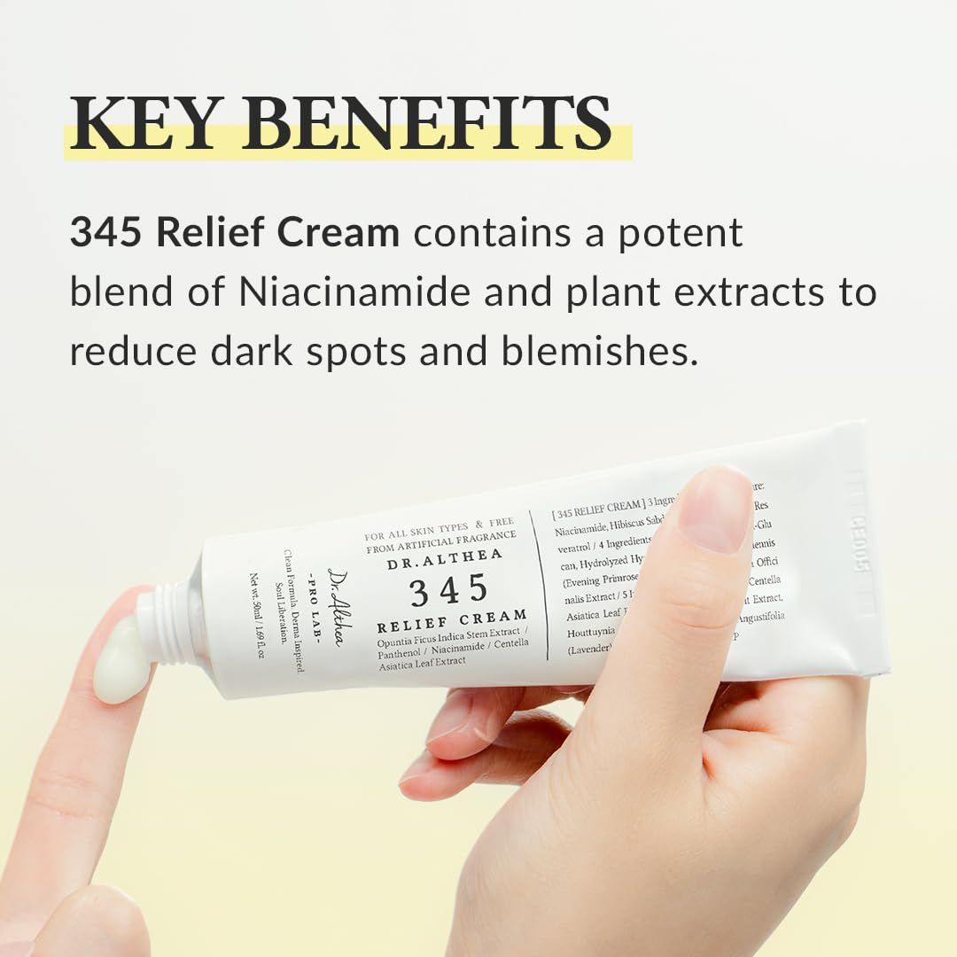 Main pressant le produit hors du tube. Inscription: DR.ALTHEA 345 Relief Cream. Texte: Key Benefits.