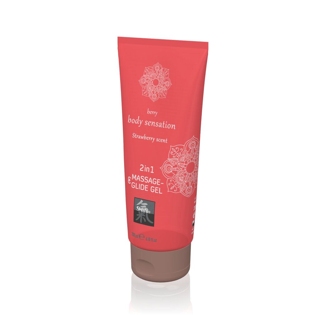 Tube rouge de gel 2 en 1 pour massage et glisse, parfum fraise. 200ml.