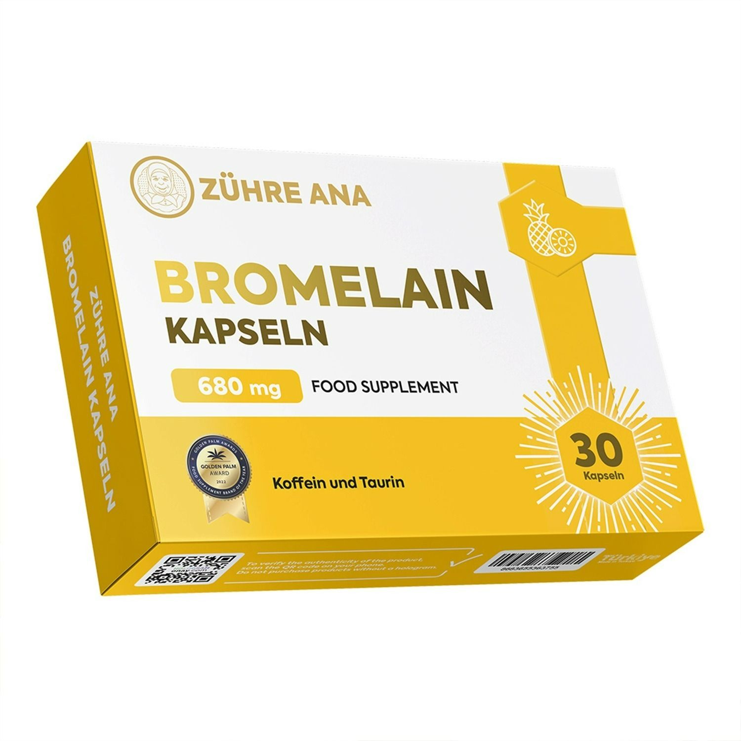 Boîte de capsules de bromélaïne, 680 mg, 30 capsules, caféine et taurine.