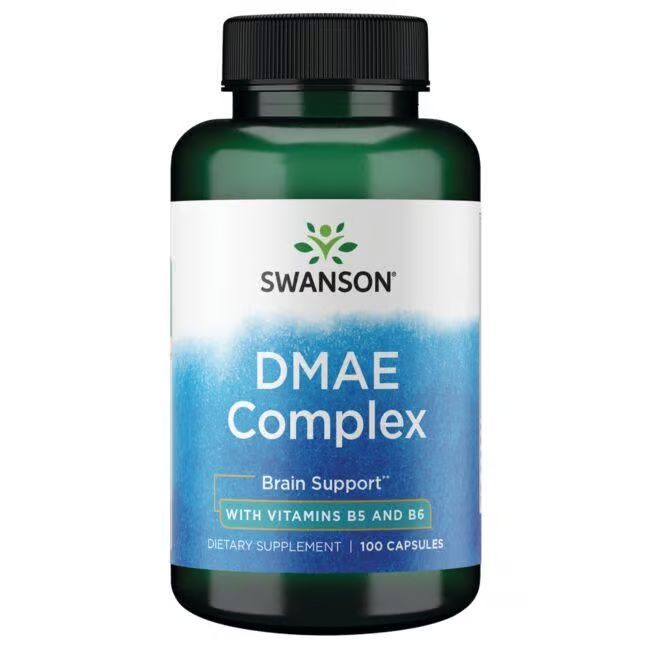 Flacon vert avec étiquette blanche. Inscription: SWANSON DMAE Complex, Brain Support, avec vitamines B5 et B6. 100 gélules.