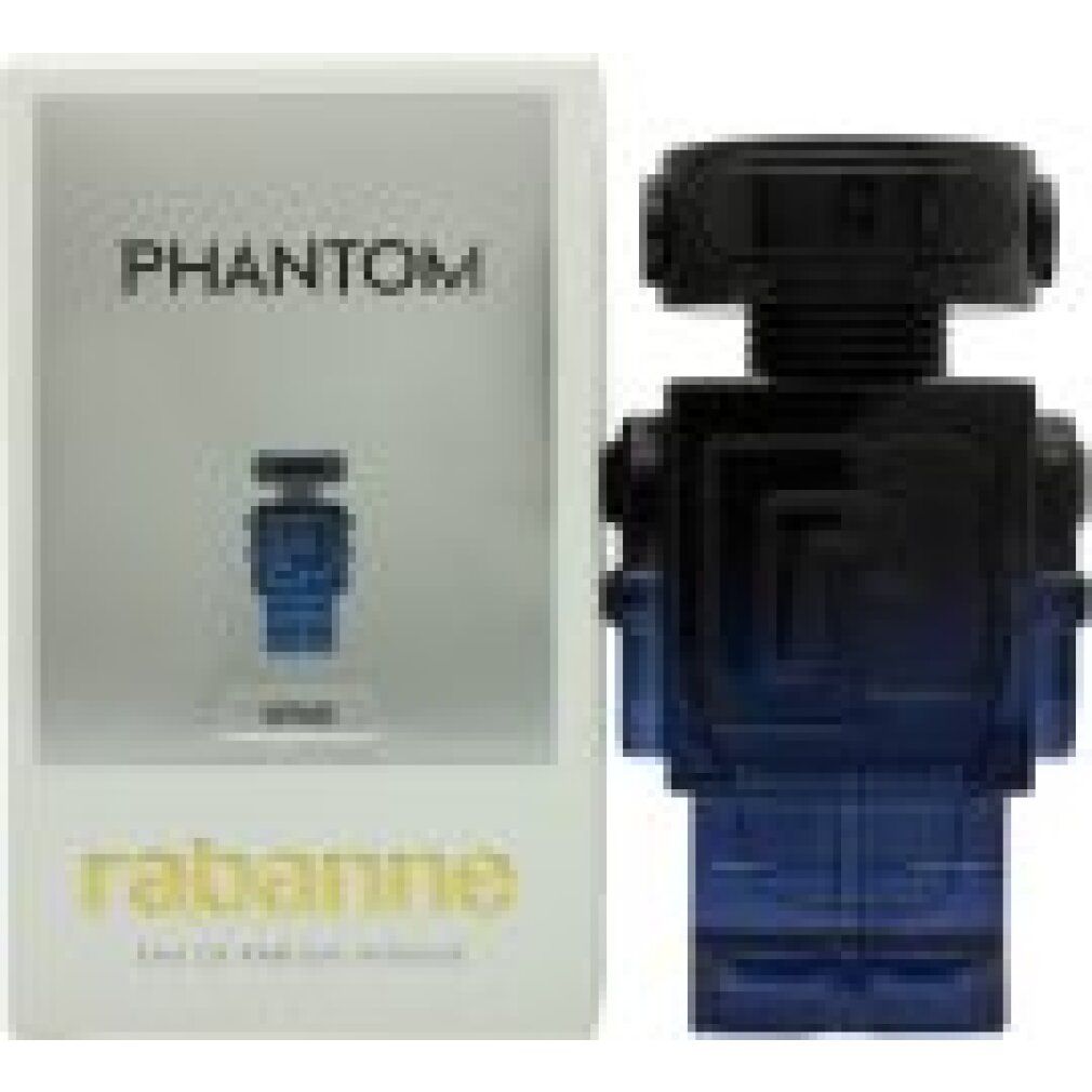 Paco Rabanne Phantom Intense Eau de Parfum Spray. Blauw-zwarte robotvormige flacon. Witte verpakking met productnaam.