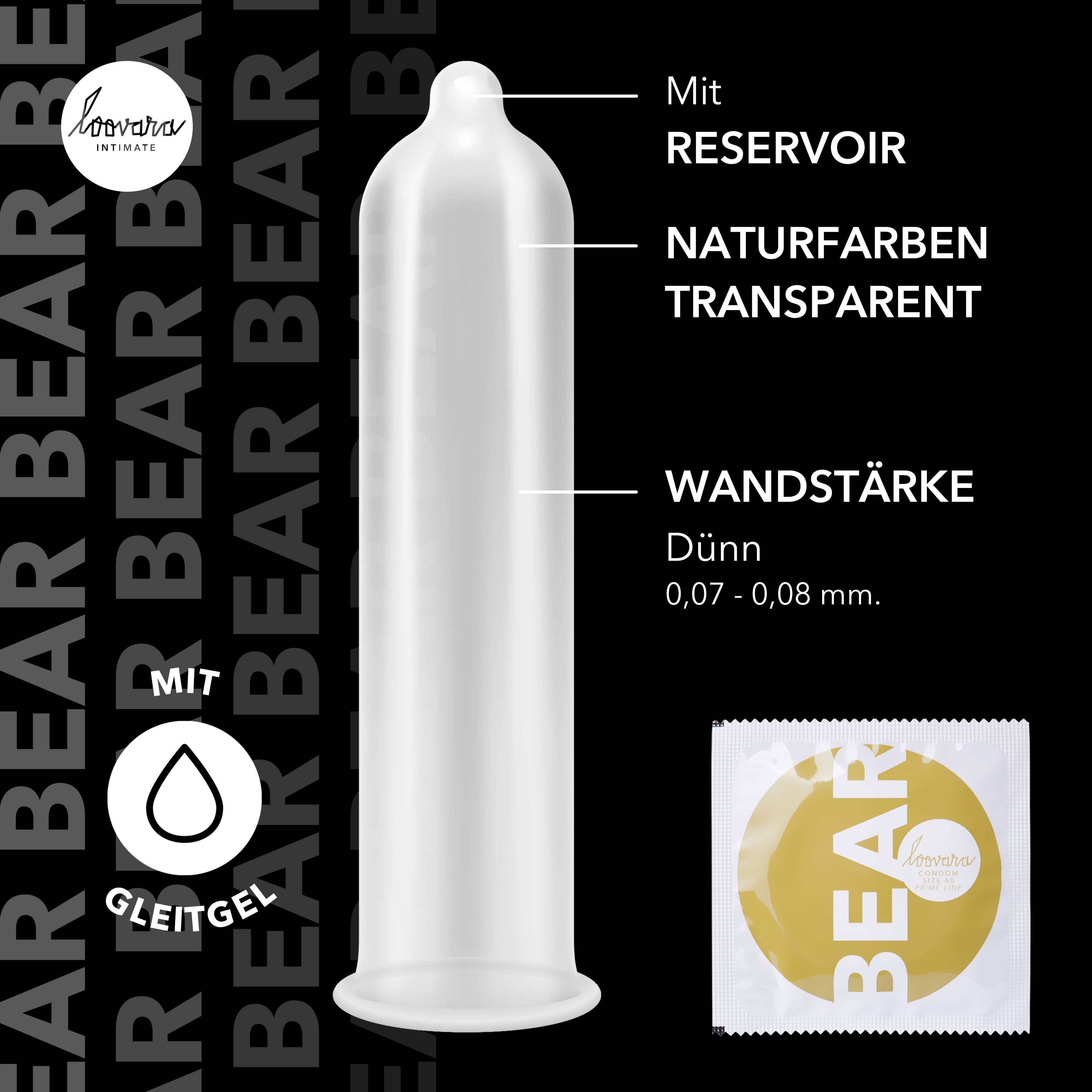 Préservatif Loovara: Transparent, avec réservoir, fin (0,07-0,08mm).