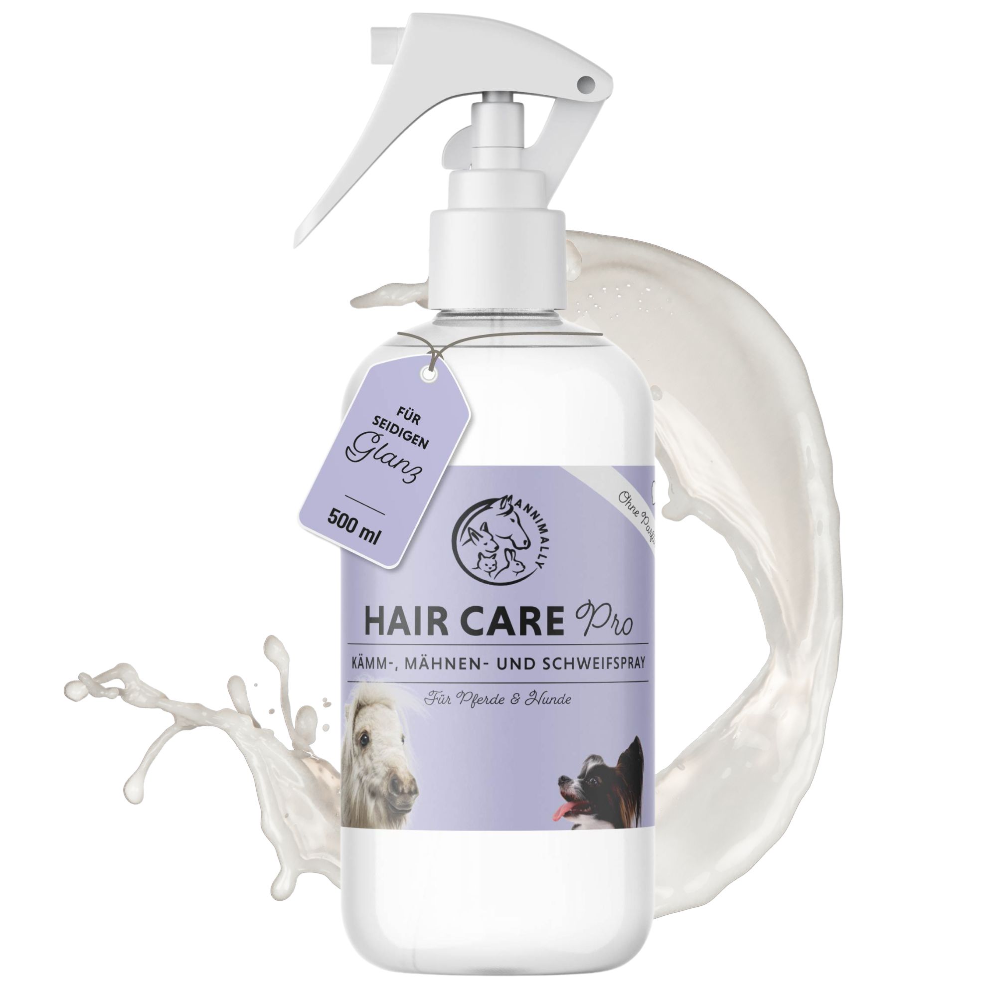 Flacon pulvérisateur avec étiquette. Texte: HAIR CARE Pro. Pour une brillance soyeuse. 500 ml. Image: cheval et chien.