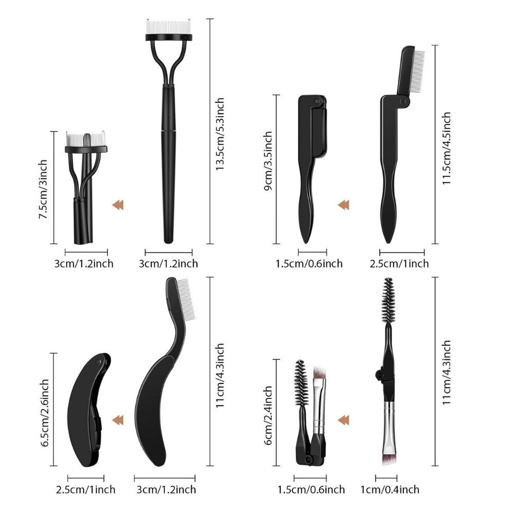 Dimensions de quatre outils pour cils et sourcils, incluant peigne, peigne pliable et brosse.