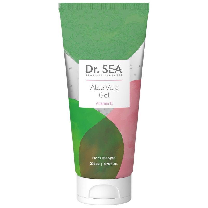 Tube de gel à l'aloe vera et vitamine E. Design vert et rose. Texte : Dr. SEA, Aloe Vera Gel, Vitamine E.