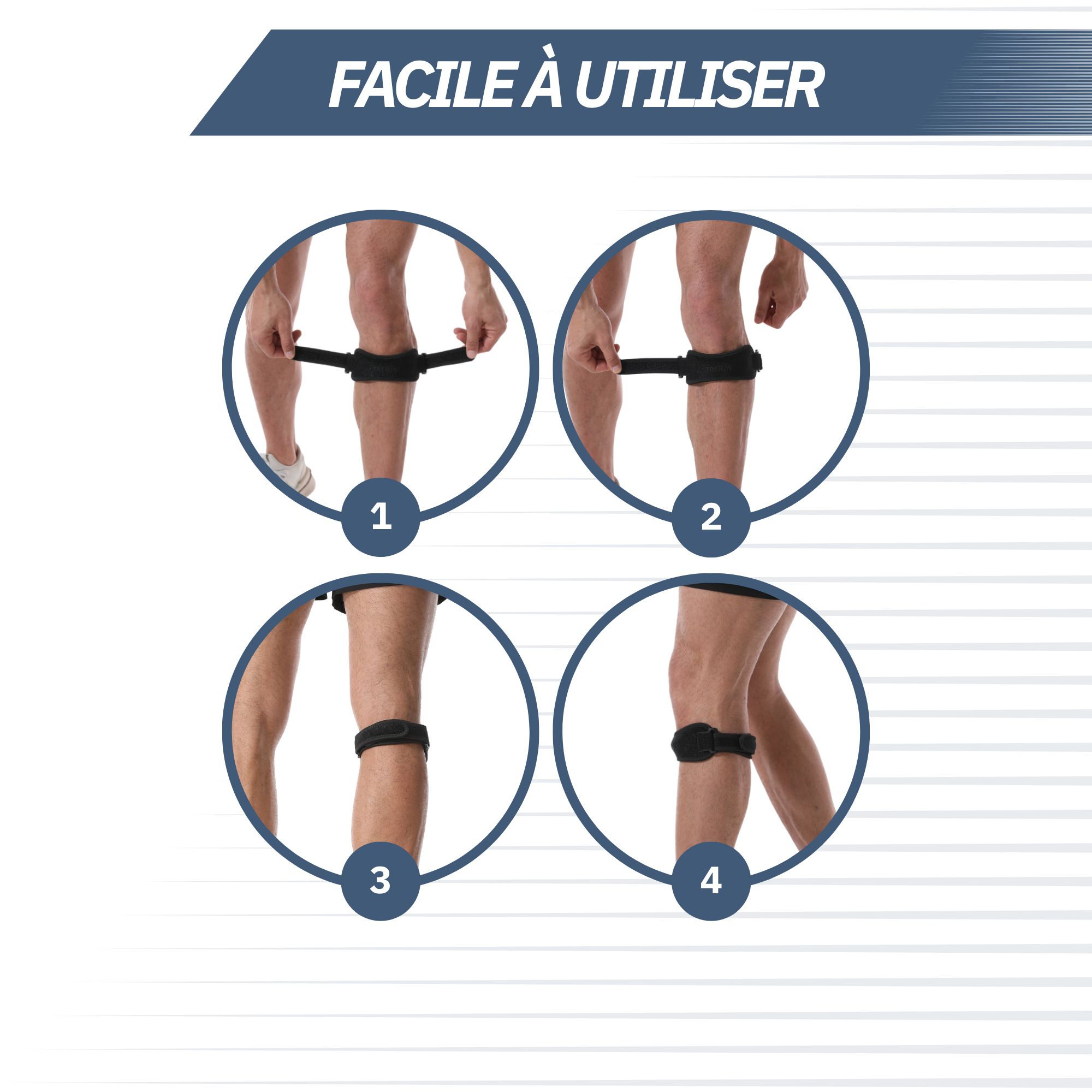 Bande de genou noire avec velcro pour soulager la douleur et la surcharge du genou.