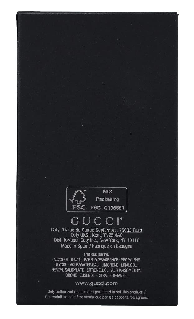 Achterkant van de verpakking. Gucci-logo en informatie. FSC-certificering. Ingrediënten en fabrikantenadres.
