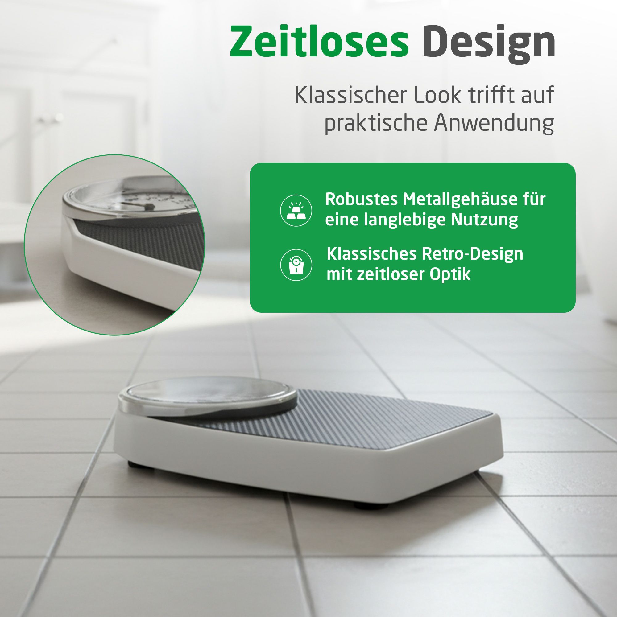 Balance personnelle analogique avec boîtier métallique robuste et design rétro.