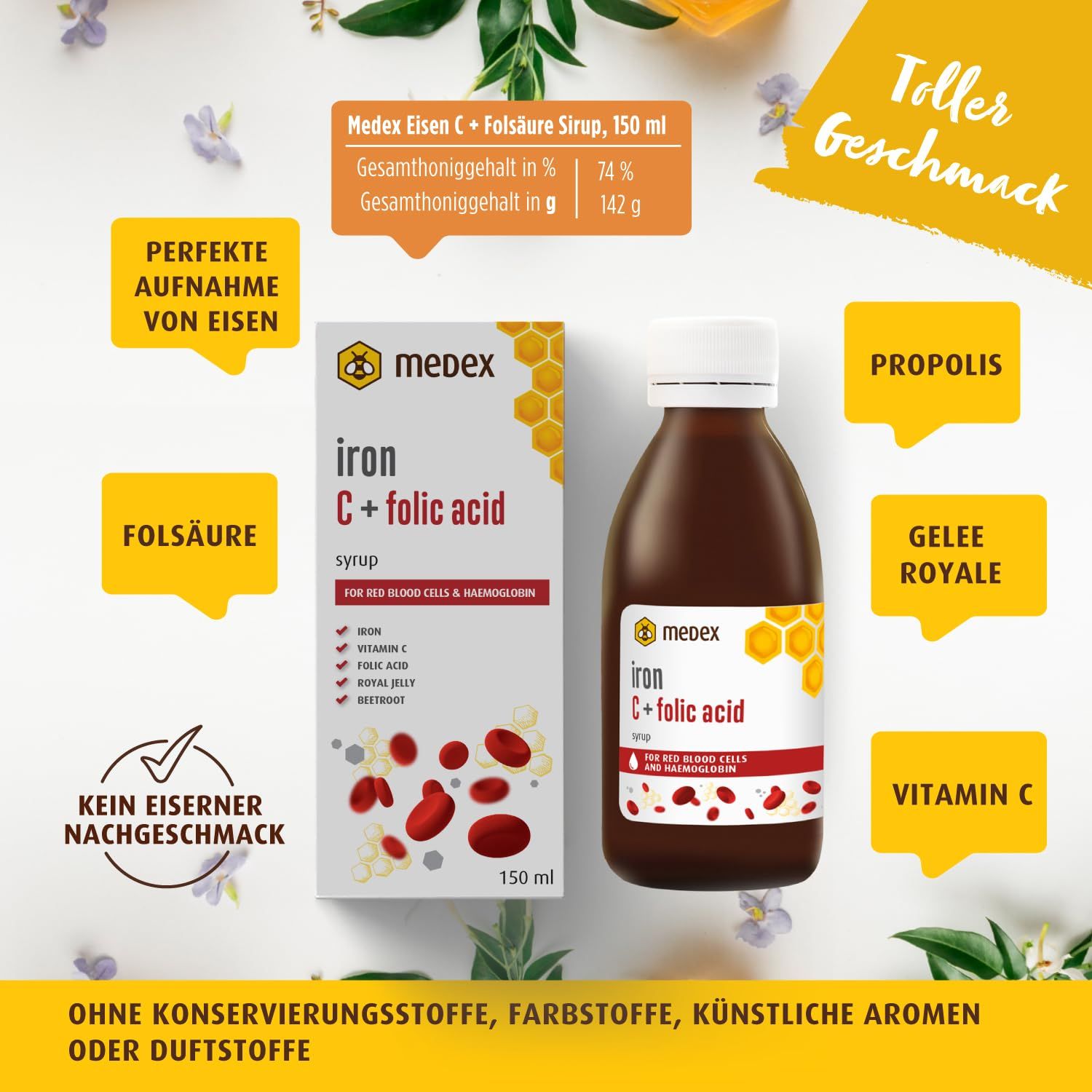 Medex Fer C + Acide folique Sirop, flacon et boîte de 150 ml. Contient propolis, gelée royale, vitamine C.