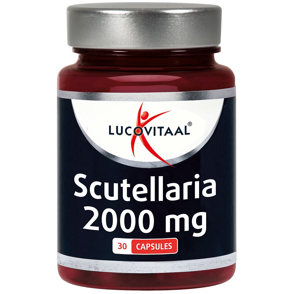 Bruine fles met zilveren dop. Opschrift 'Lucovitaal Scutellaria 2000 mg' en 30 capsules.