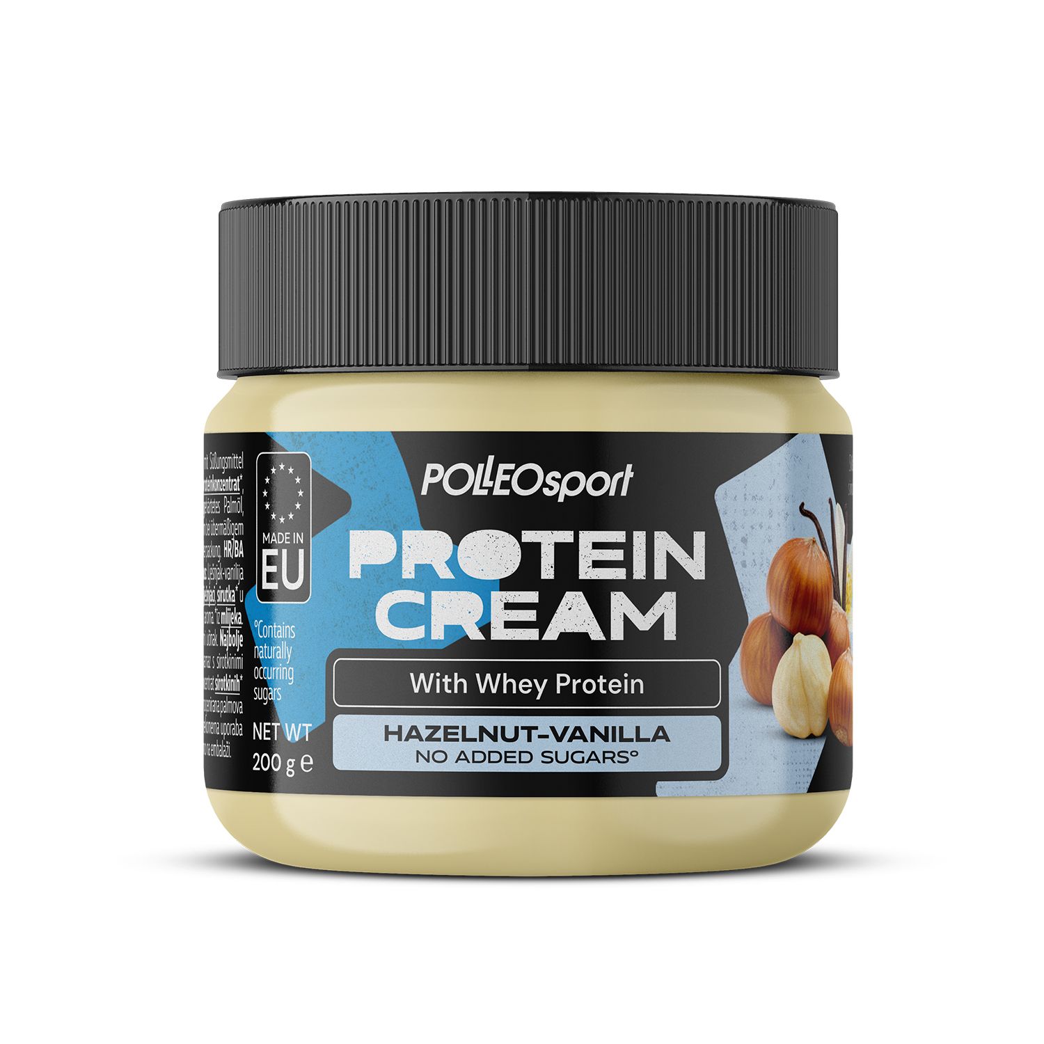 Pot beige avec couvercle noir. Inscription: PROTEIN CREAM, Noisette-Vanille, sans sucres ajoutés. Label UE. Illustration de noisettes et de vanille.