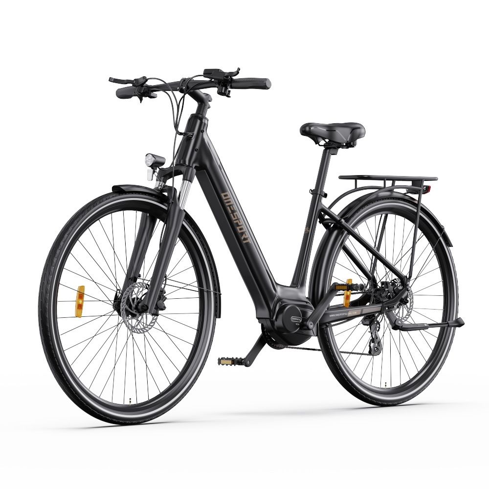 Vélo électrique noir avec moteur central. Roues, selle, porte-bagages et guidon visibles. "ONESPORT" sur le cadre.