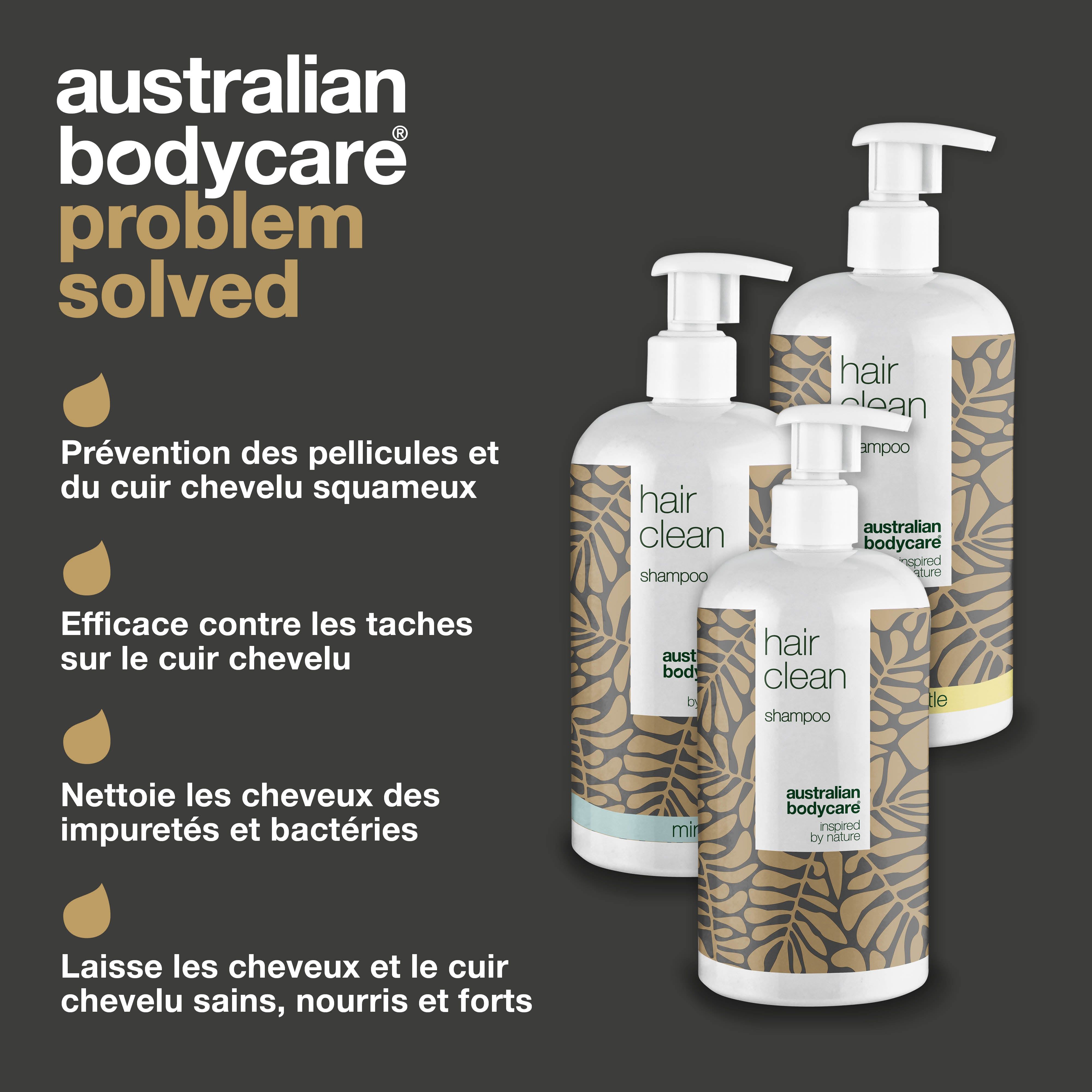 Australian Bodycare. Problème résolu. Trois flacons de shampooing. Texte sur pellicules, démangeaisons, bactéries.