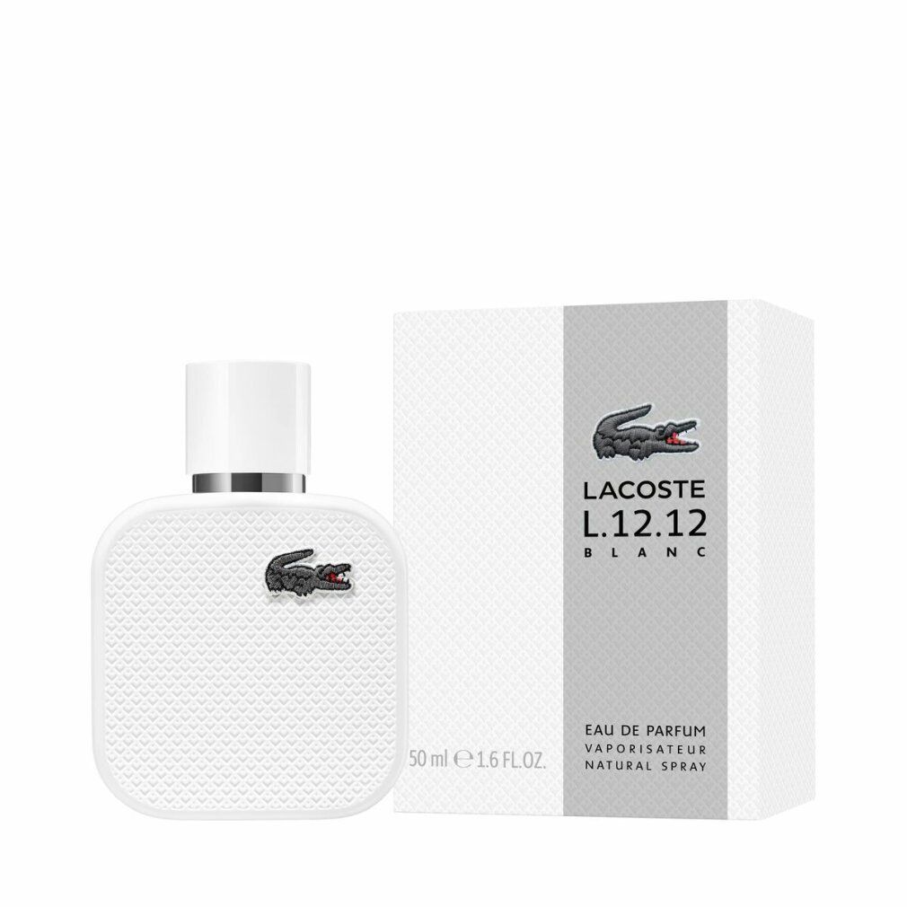 Flacon blanc et boîte Lacoste L.12.12 Blanc. Logo crocodile. Vaporisateur. Parfum pour homme.