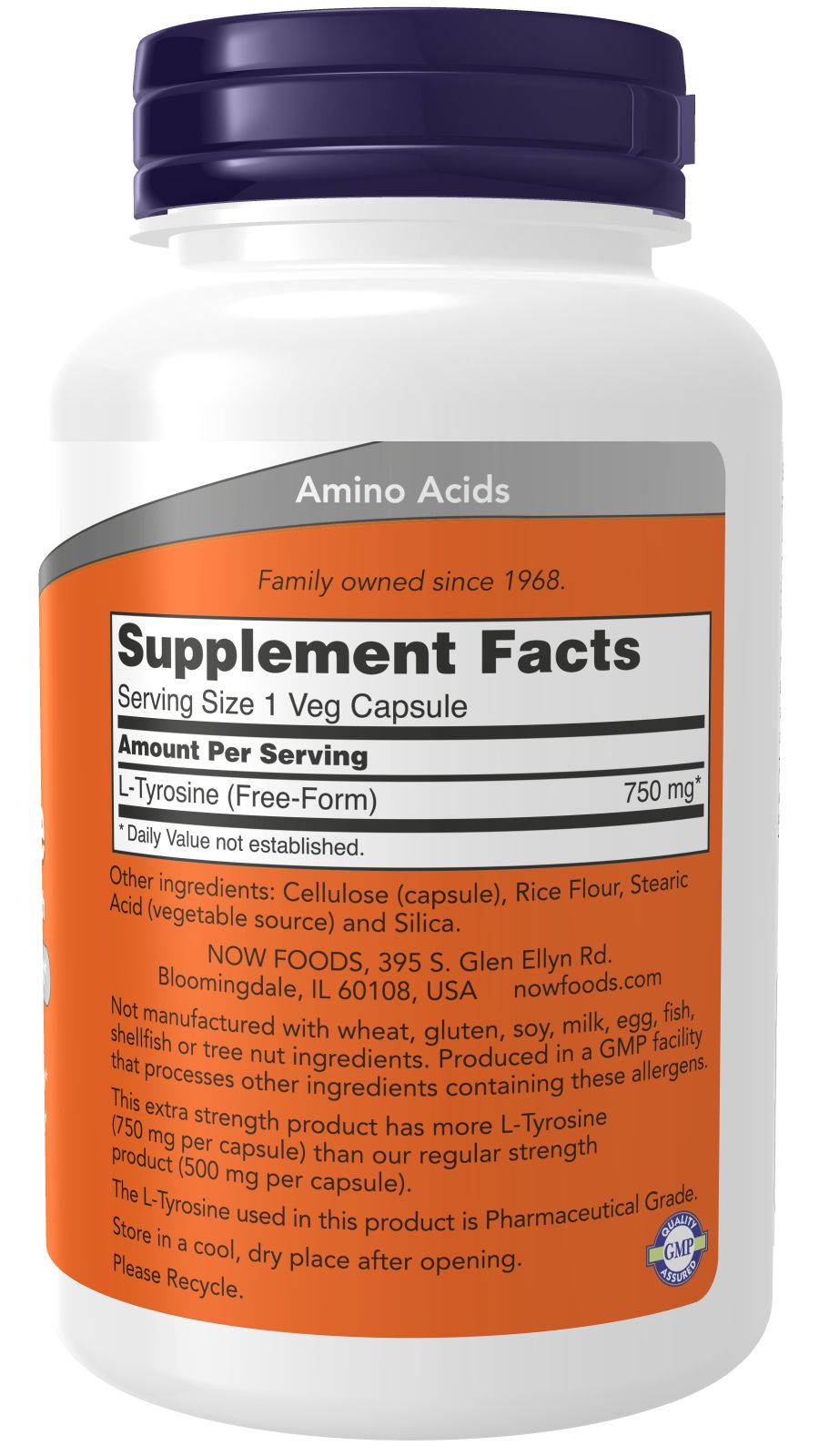 Dos du flacon. Inscription : Supplement Facts, L-Tyrosine 750 mg. Ingrédients et informations fabricant.