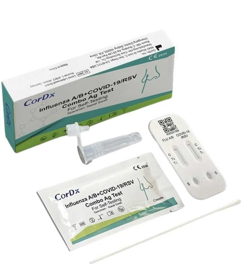 Verpakking en componenten van de CorDx Influenza A/B + COVID-19/RSV Combo Ag Test. Bevat testcassette, wattenstaafje, buisje.