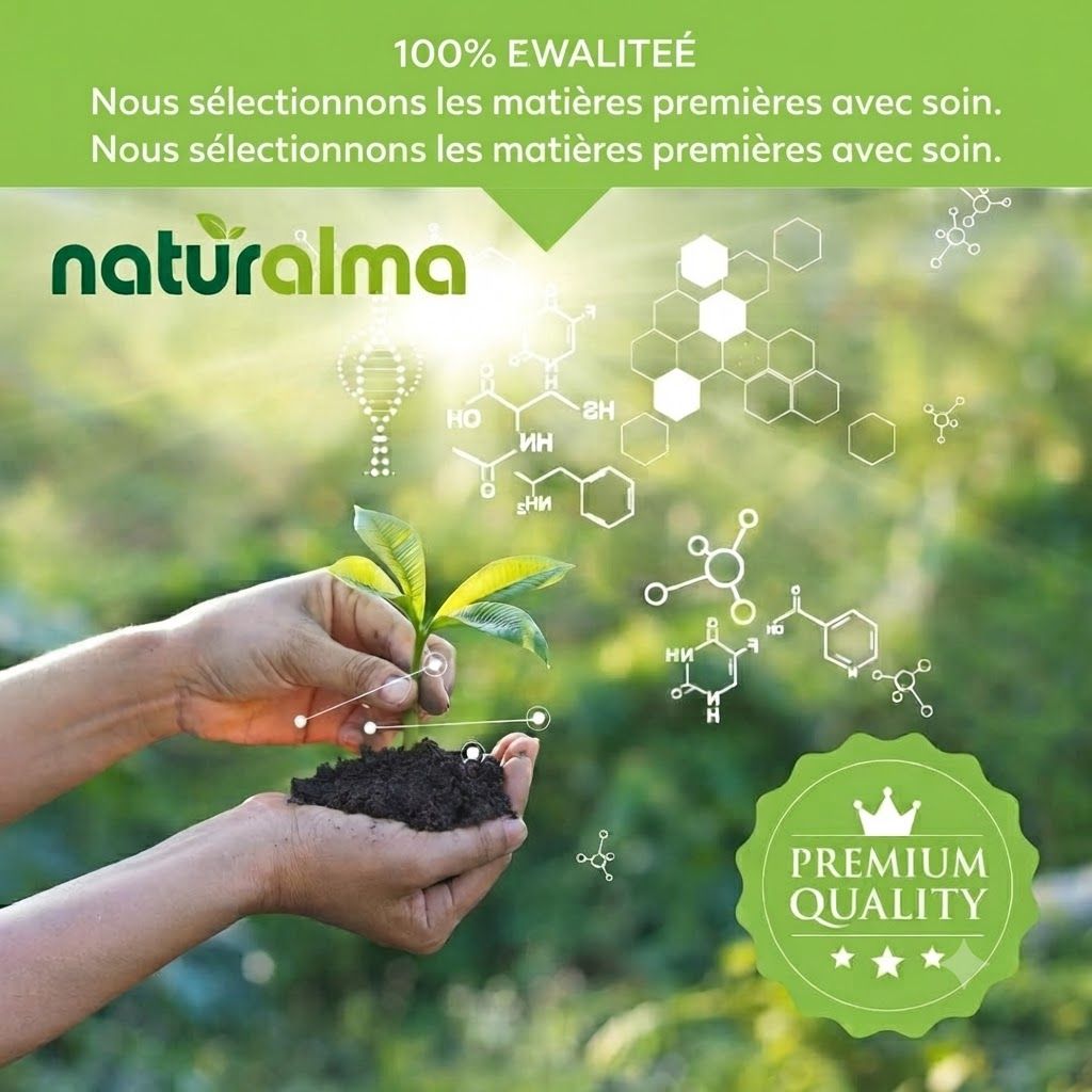Mains tenant une plante et de la terre. Formules chimiques et sceau 'Premium Quality' visibles.