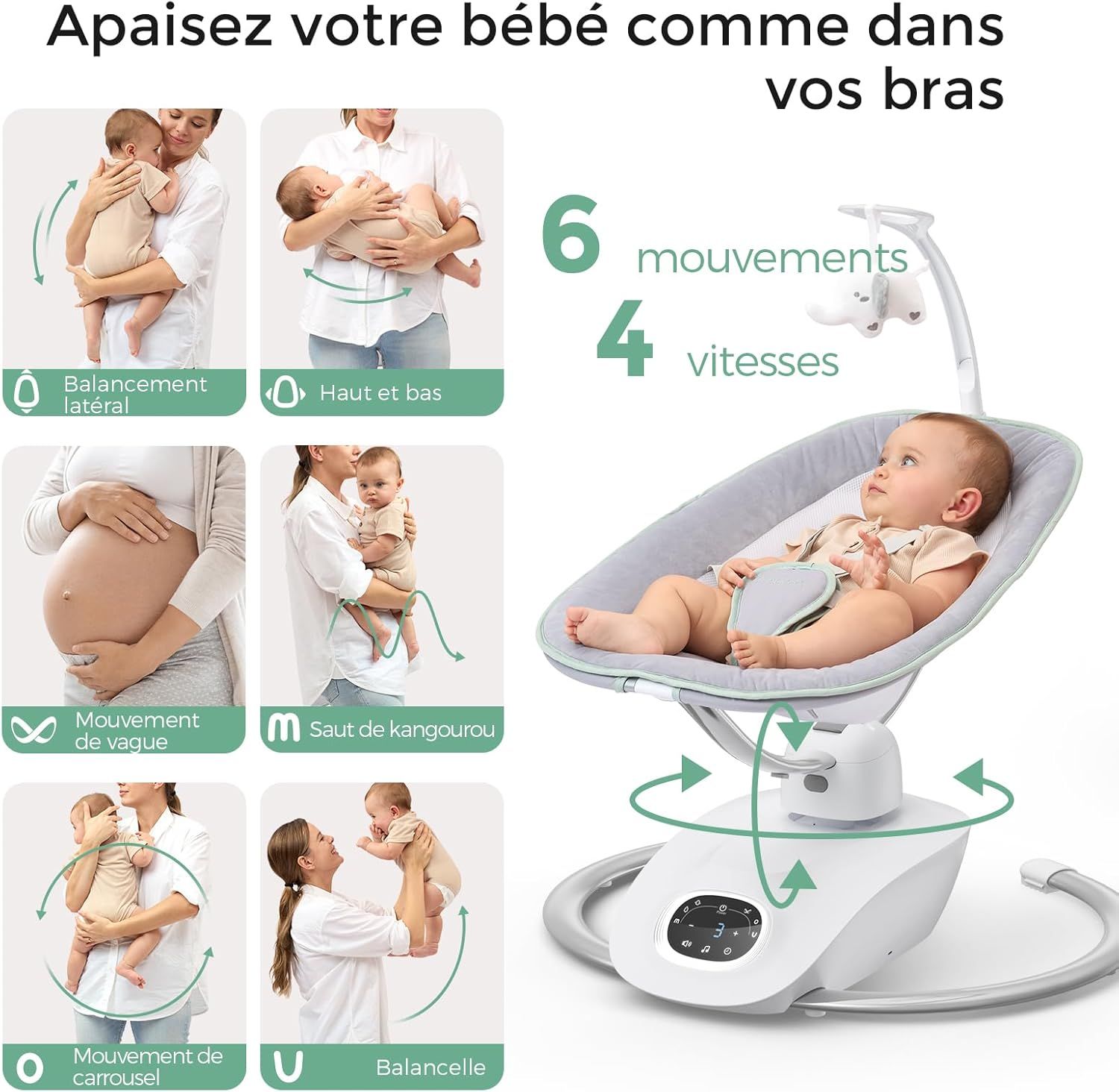 Transat pour bébé électrique avec 6 mouvements et 4 vitesses, un bébé est couché dedans.