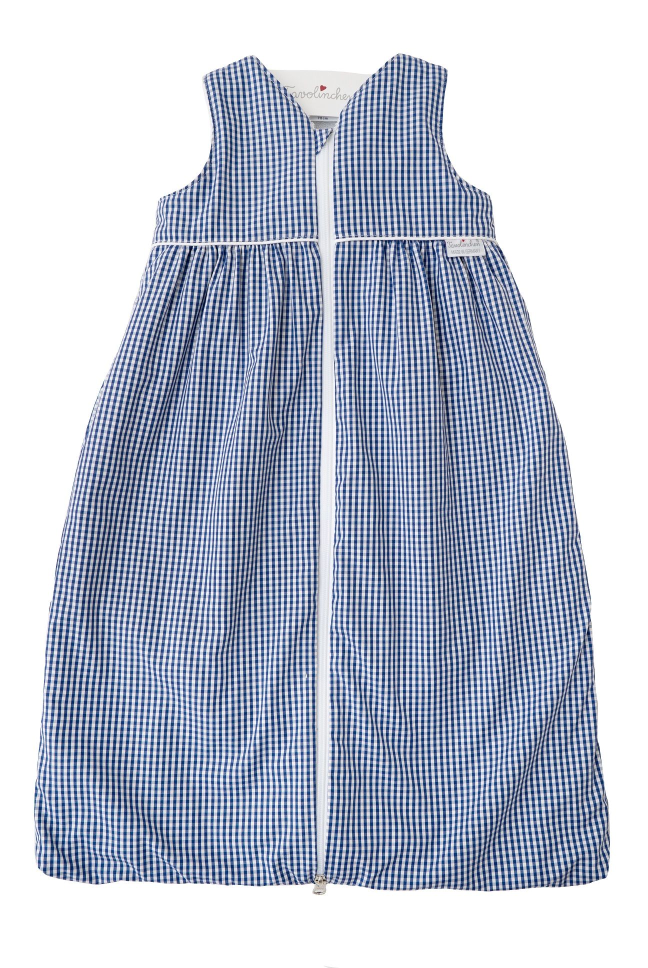 Blauw-wit geruite slaapzak met rits. Witte zoom en logo. V-hals.