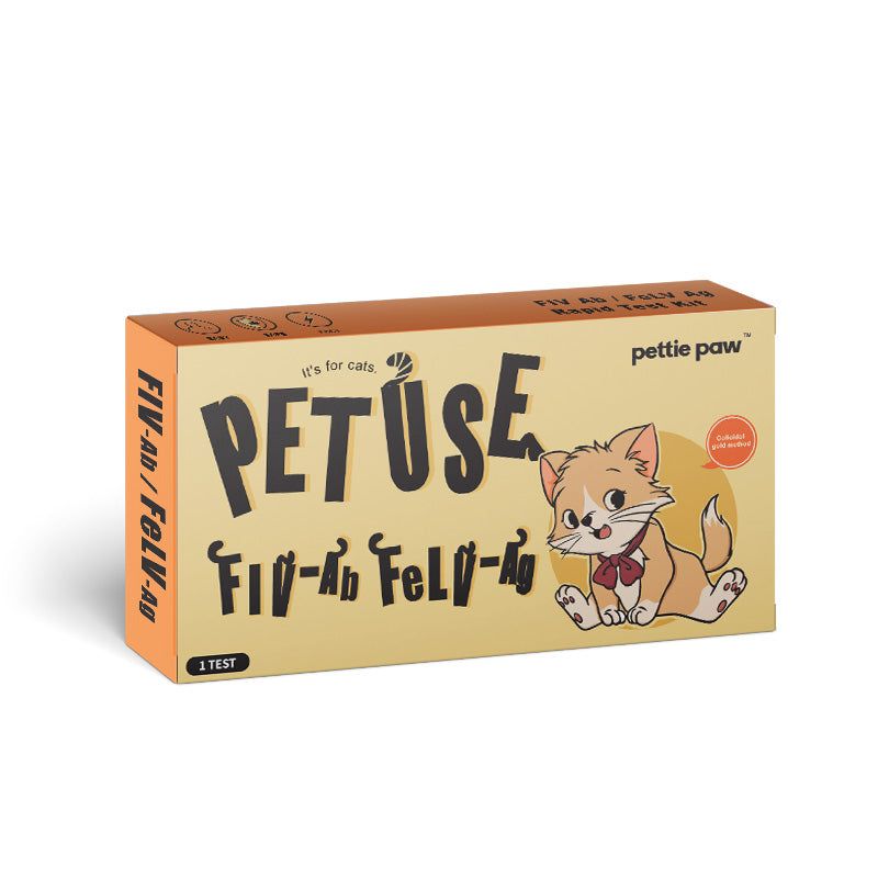 Verpakking van de PETUSE FIV/FeLV sneltest voor katten met kattenillustratie.