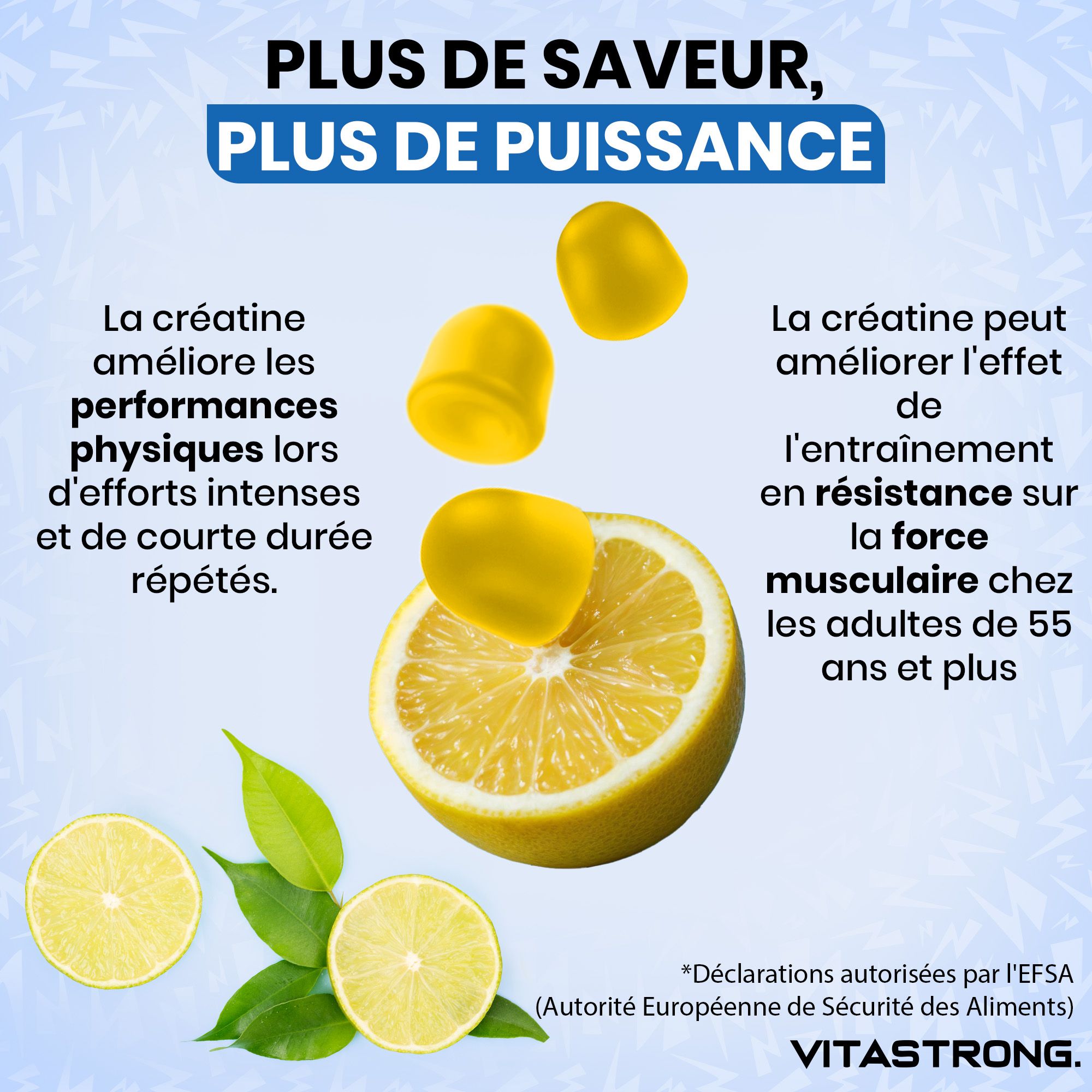 Citroenen en gummies. Tekst: Creatine verbetert fysieke prestaties. Goedgekeurd door EFSA.