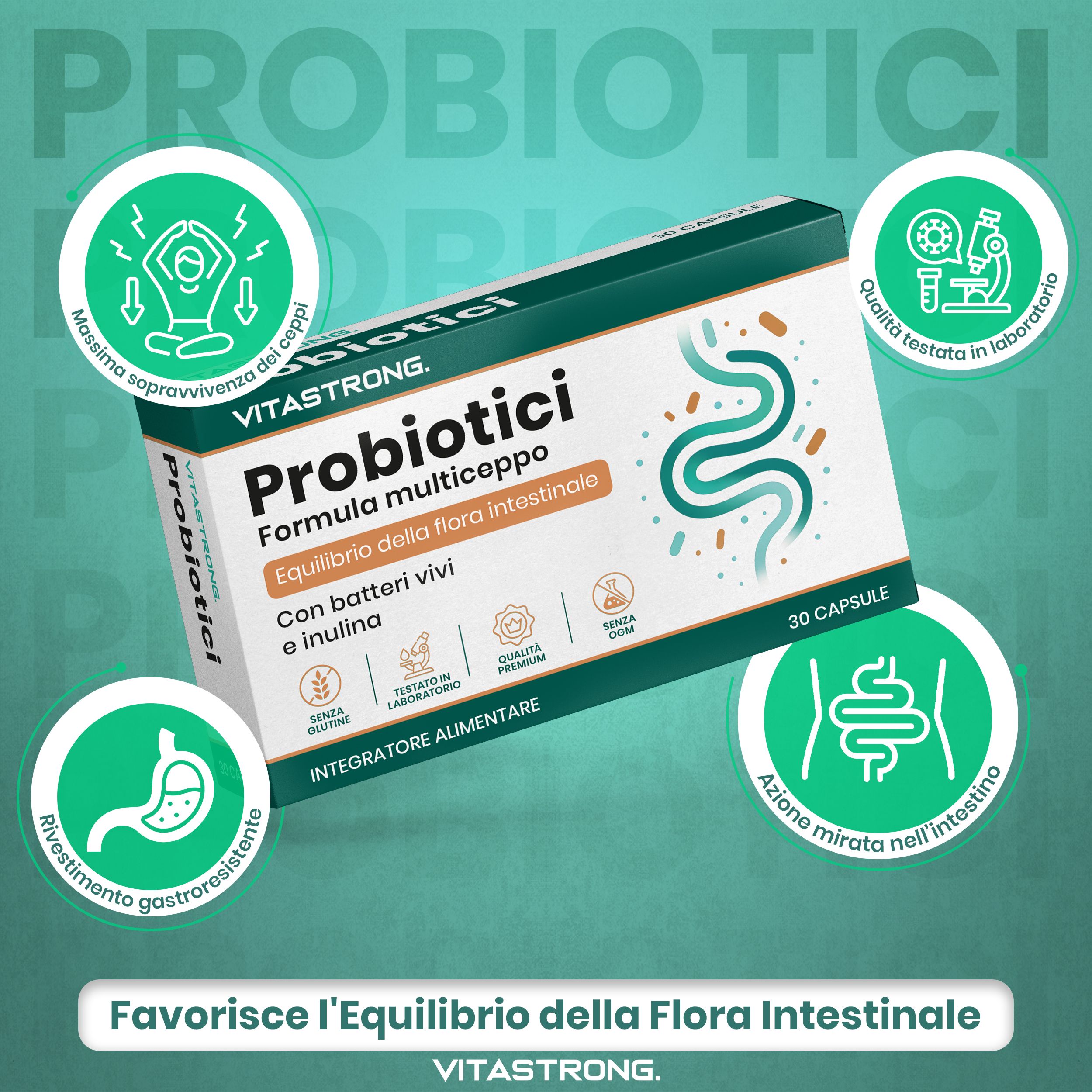 Vitastrong Probiotici verpakking. Tekst: Formula multiceppo, 30 capsules. Bevat levende bacteriën en inuline. Bevordert darmflora-evenwicht.
