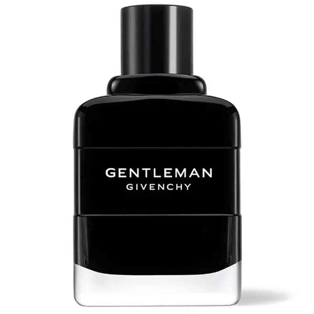 Zwarte fles met zwarte dop. Opschrift: GENTLEMAN GIVENCHY. Transparante bodem.