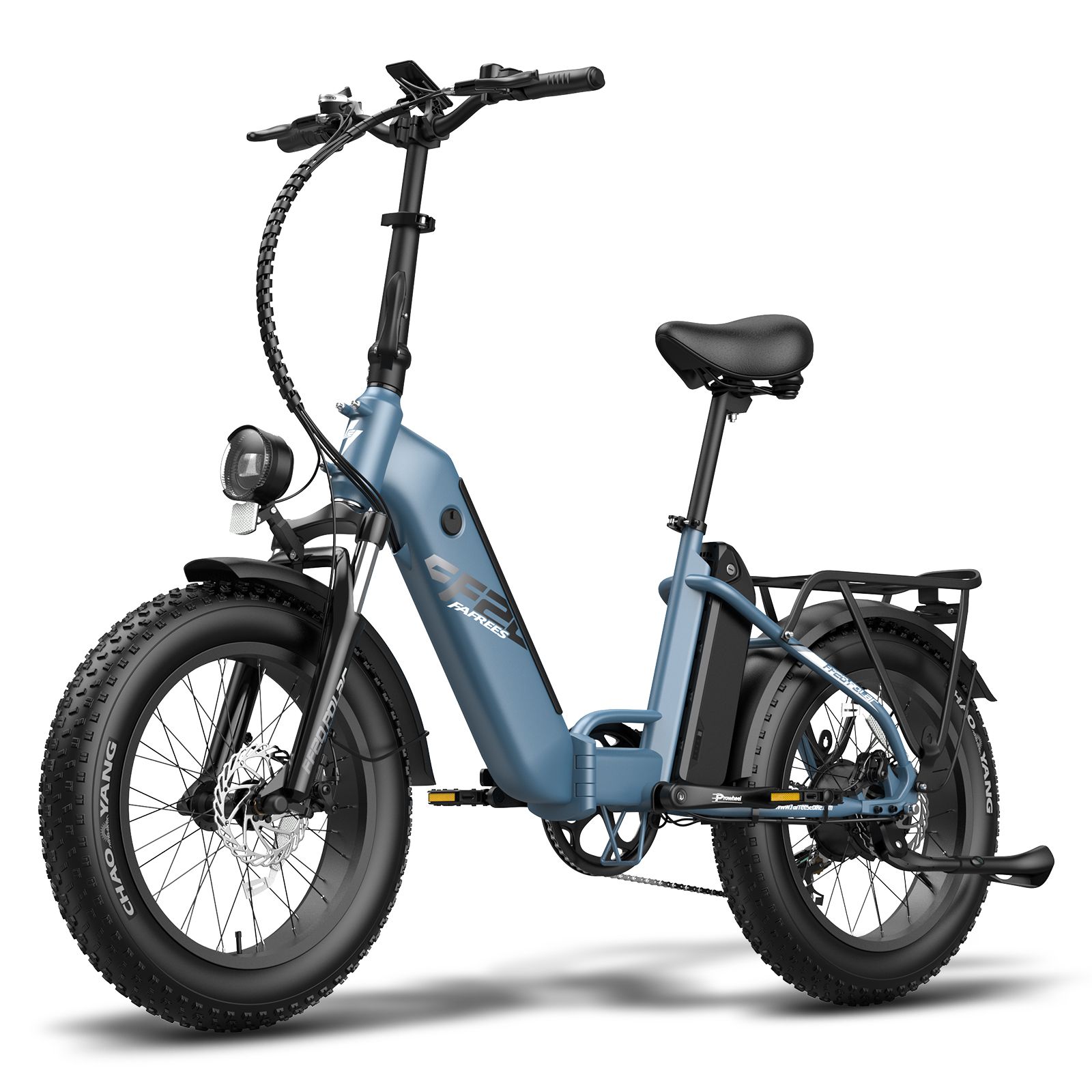 Blauwe opvouwbare e-bike. Zwarte banden, zadel en bagagedrager. Achterlicht. Merk Fafrees.