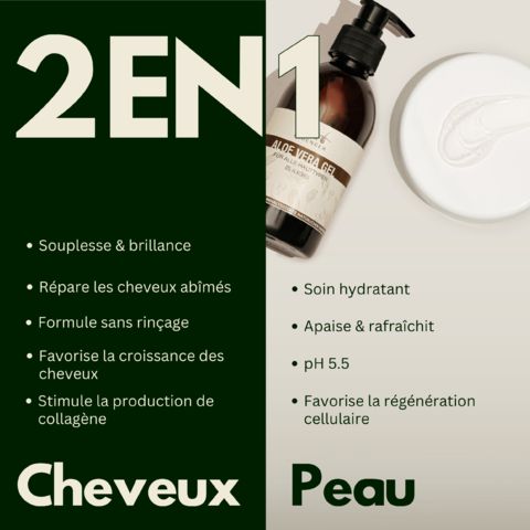 Texte : 2en1 Cheveux & Peau. Souplesse, répare, sans rinçage, croissance, collagène. Hydratant, apaise, pH5.5.