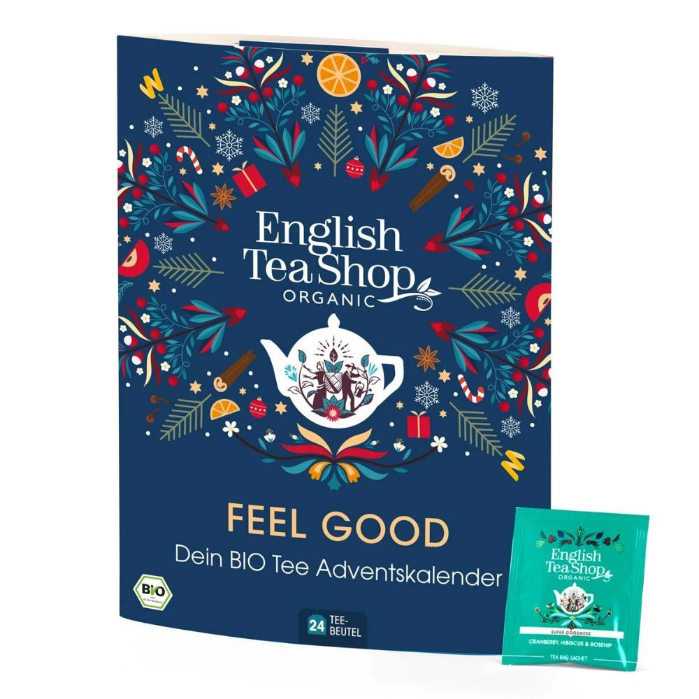 Blauwe adventskalender. English Tea Shop logo. "Feel Good" en "24 theezakjes" zichtbaar. Bio-keurmerk.