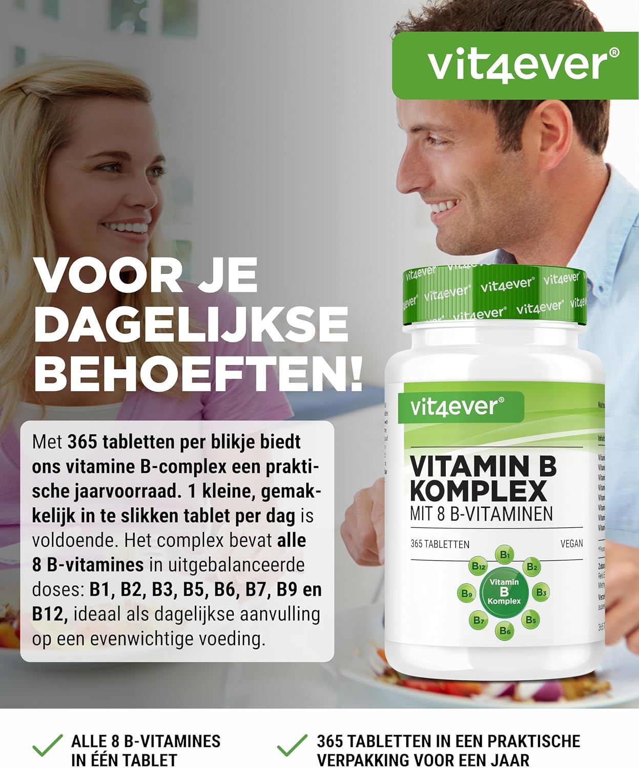Vit4ever Vitamine B Complex: Duidelijke ingrediëntenlijst met voedingswaarde.