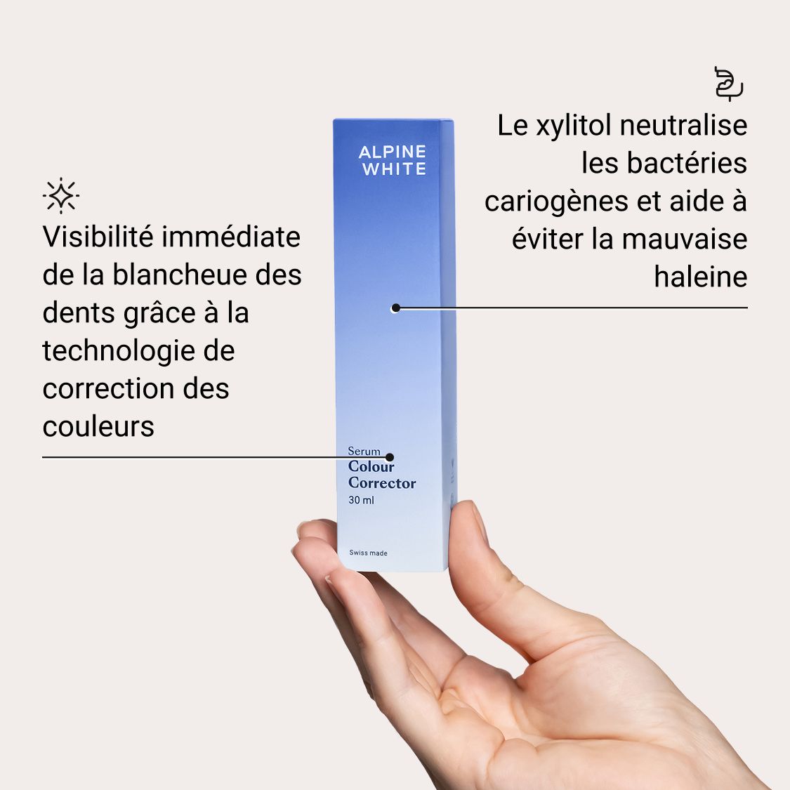 Emballage bleu. Texte : ALPINE WHITE, Serum Colour Corrector, 30 ml. Swiss made.